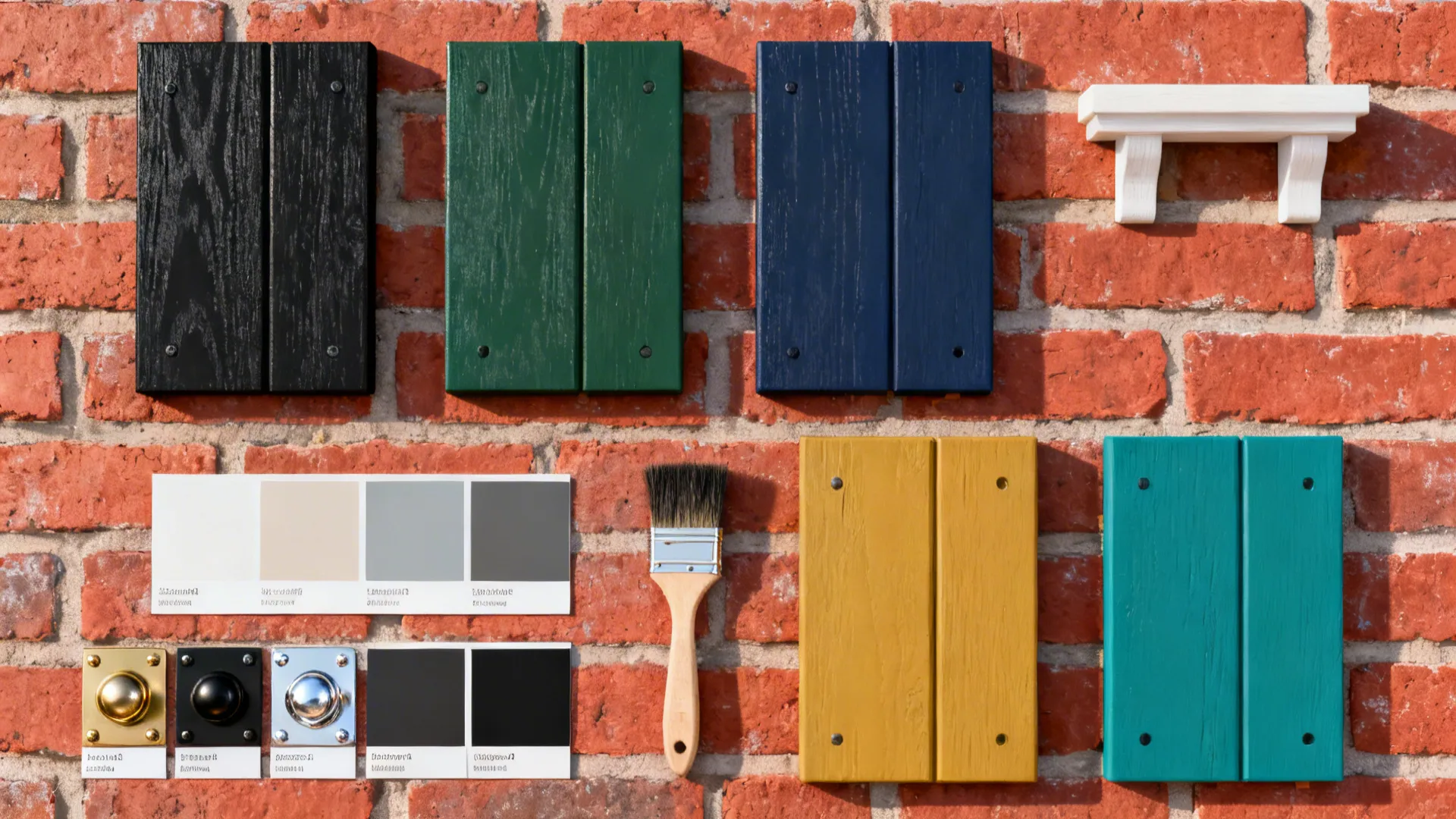 Paint sample boards and hardware chips laid on red brick for color testing.
