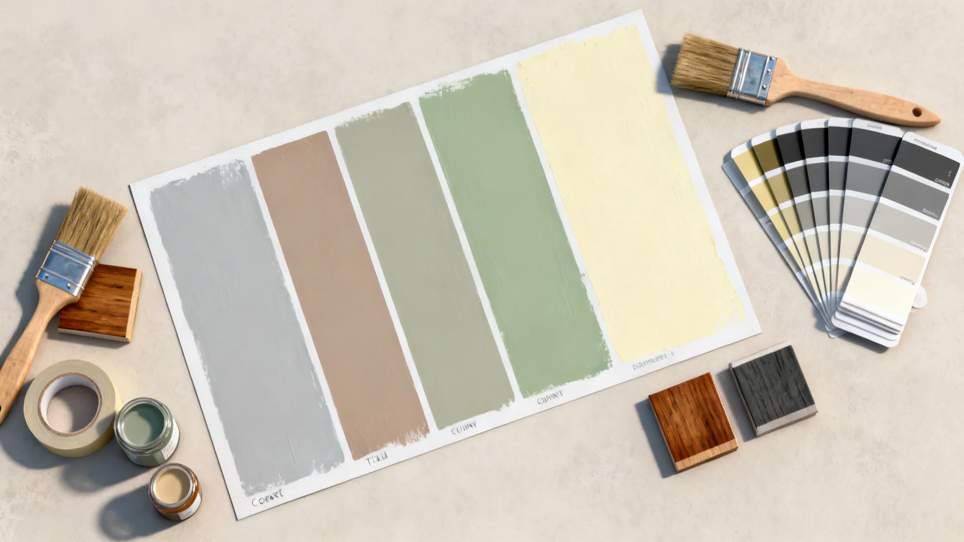 Top-down flatlay of paint swatches, wood stain samples, brushes and tape for exterior color planning.