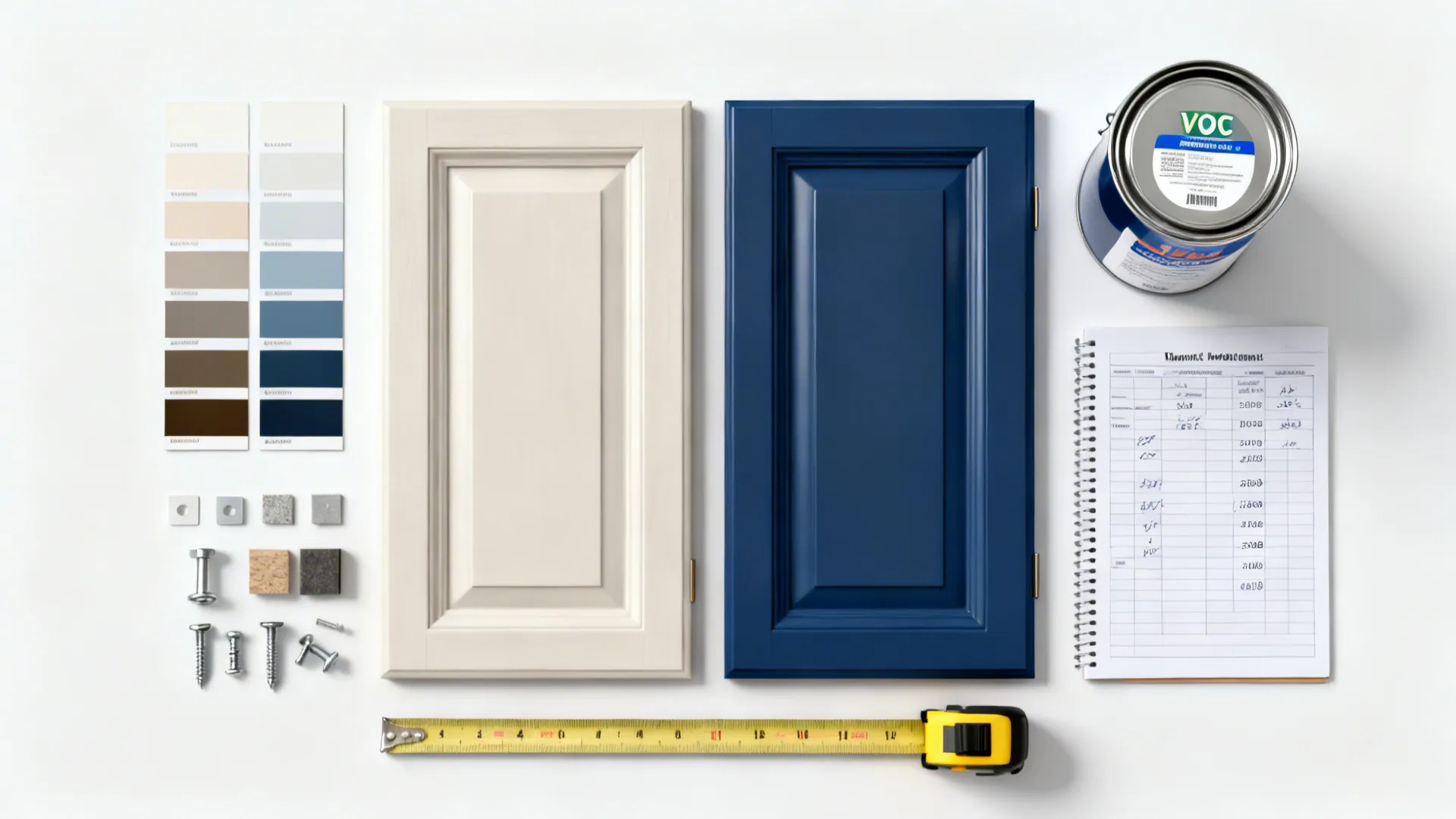 Flat lay showing cream and blue cabinet doors, paint color cards, tape measure, and notepad
