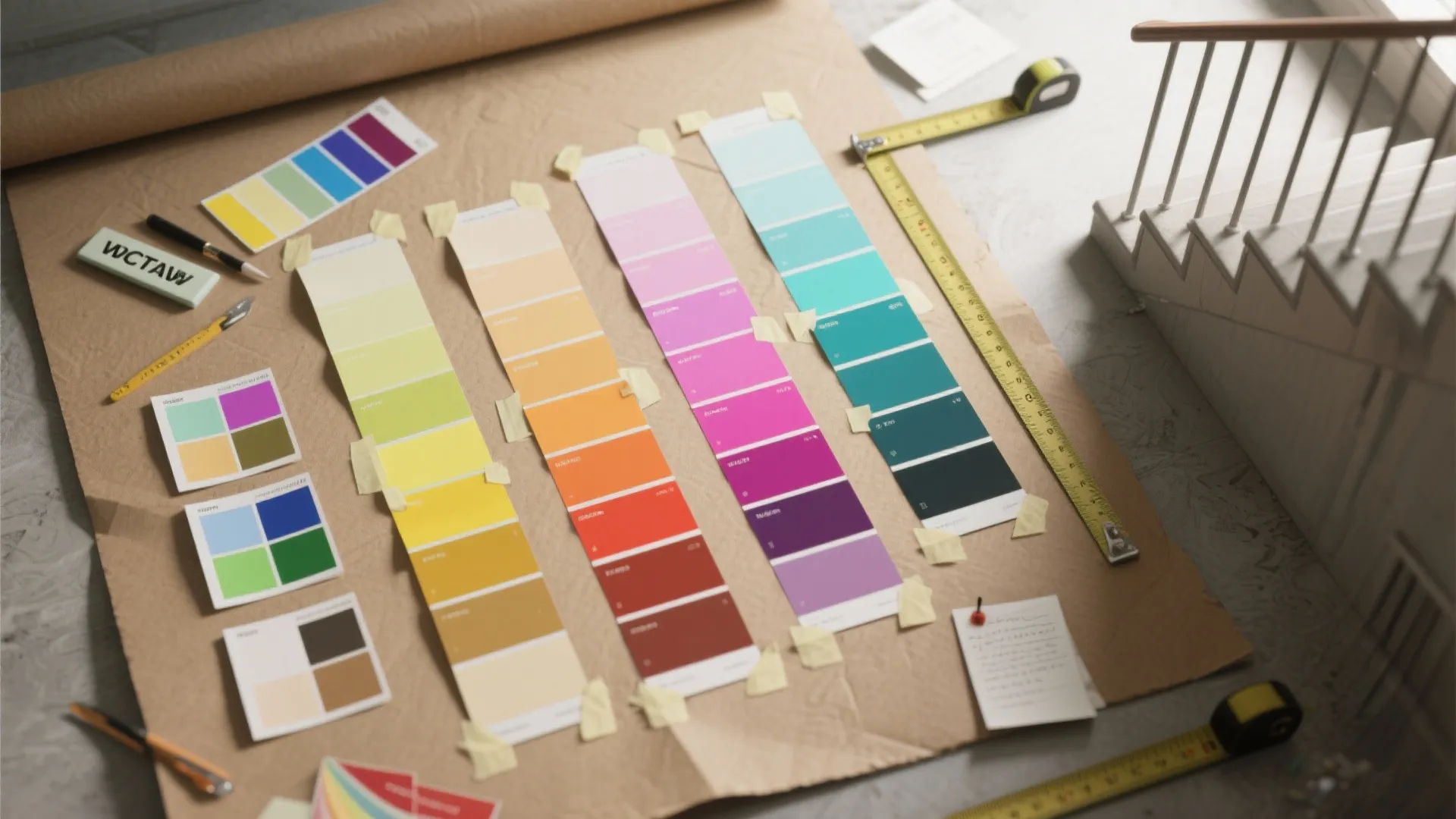 Colorful paint samples and measuring tape on brown paper for a home interior design project