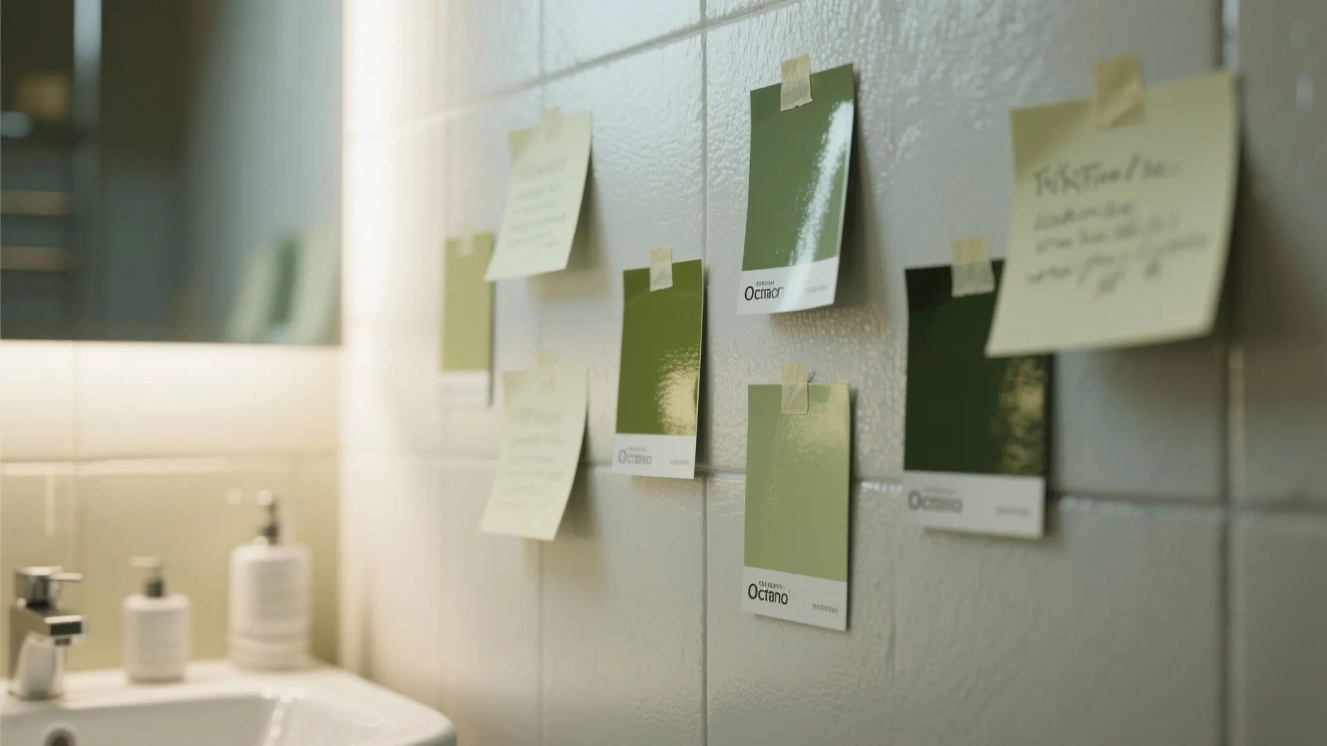 Paint samples of olive swatches on bathroom wall showing semi-gloss finish in different lighting