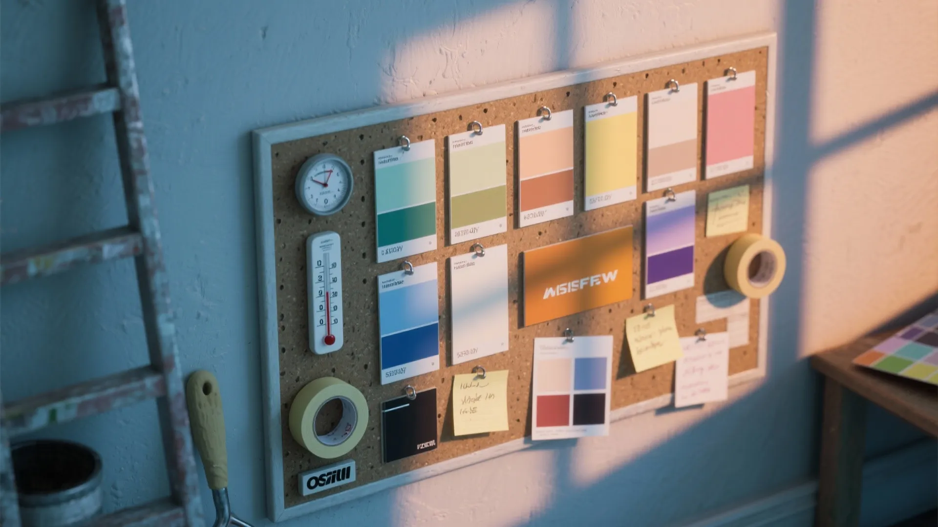 Interior design mood board with colorful paint cards thermometer tape and ladder in soft light