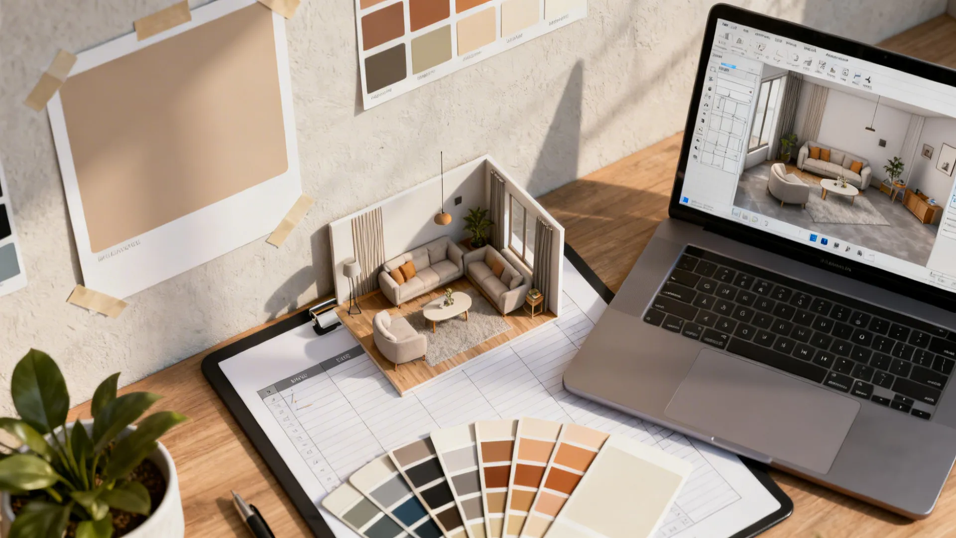 Top-down view of paint swatches and a 3D room planner demonstrating color testing.