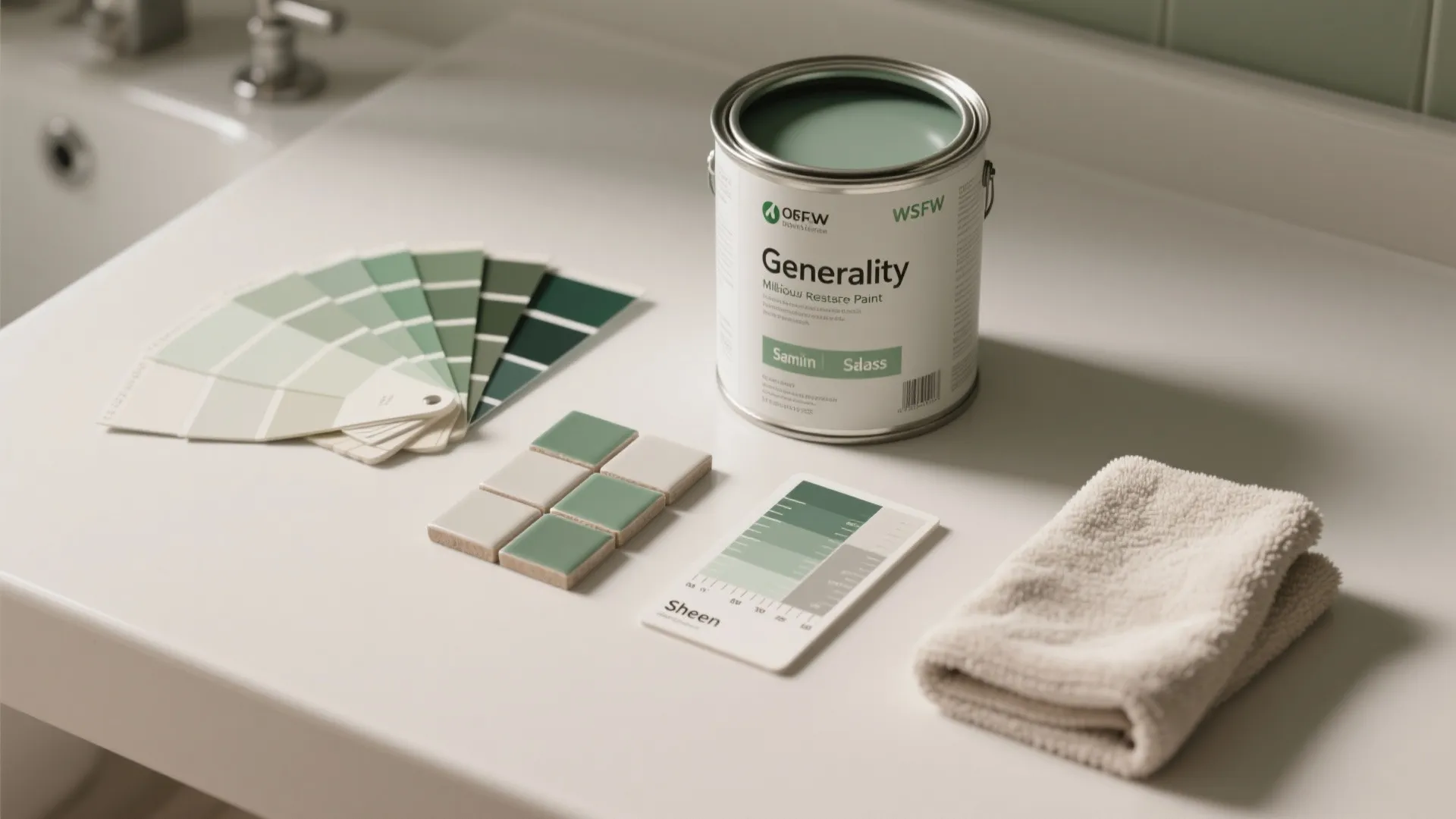 Green paint can on a white counter with various color samples and square tiling pieces