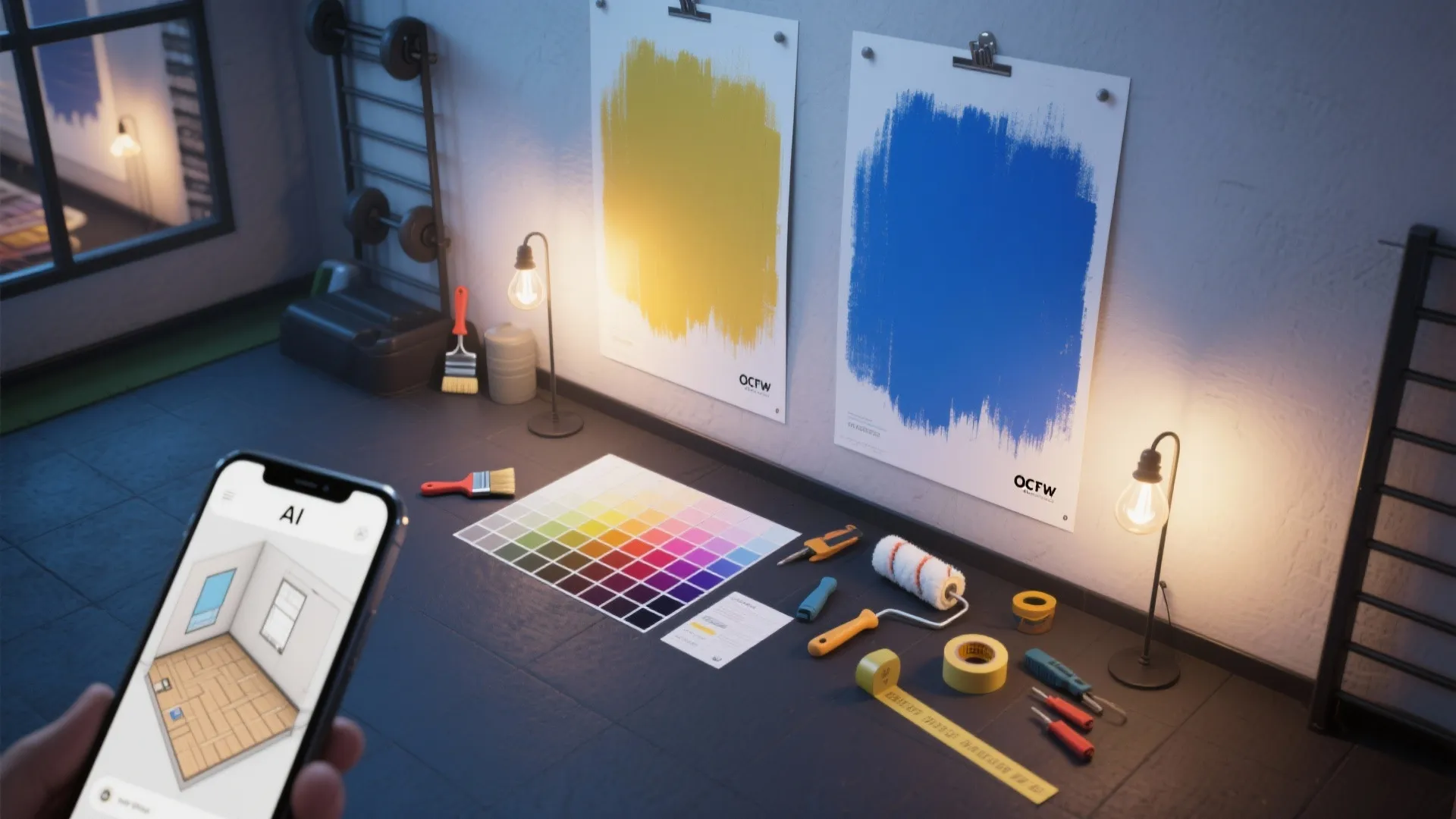 Interior design tools with paint color samples wall posters rollers and mobile phone app interface view