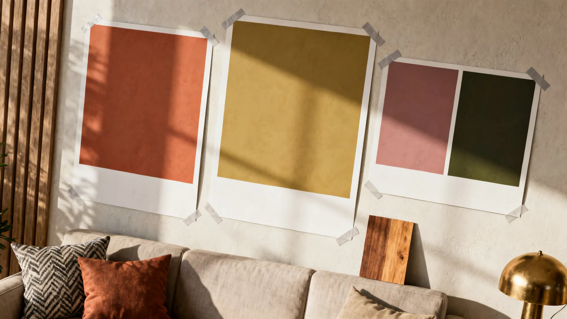 Top-down view of large paint swatches taped to a living room wall with furniture samples nearby.