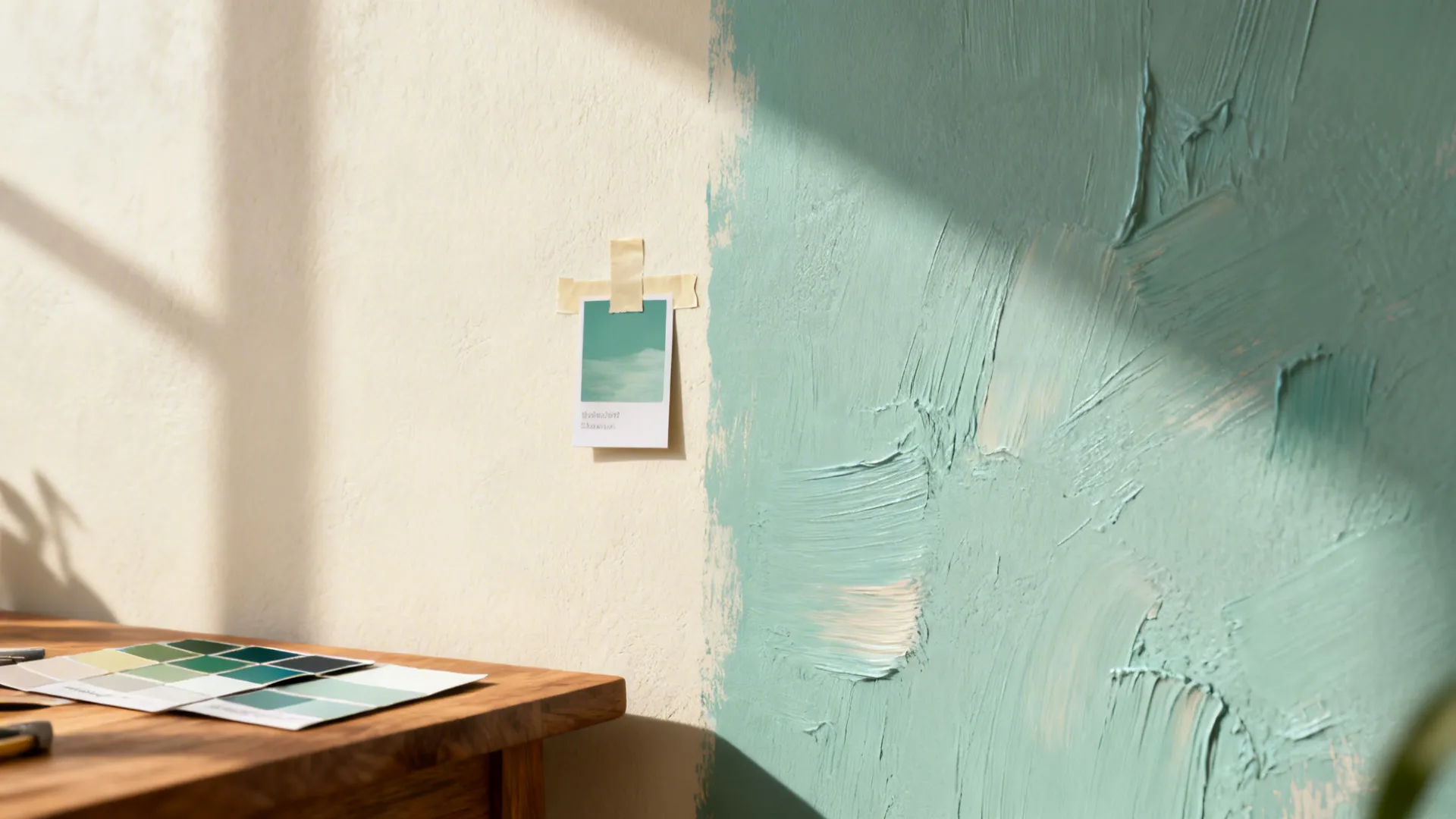 Close-up of warm off-white wall meeting muted seafoam accent with paint samples visible.