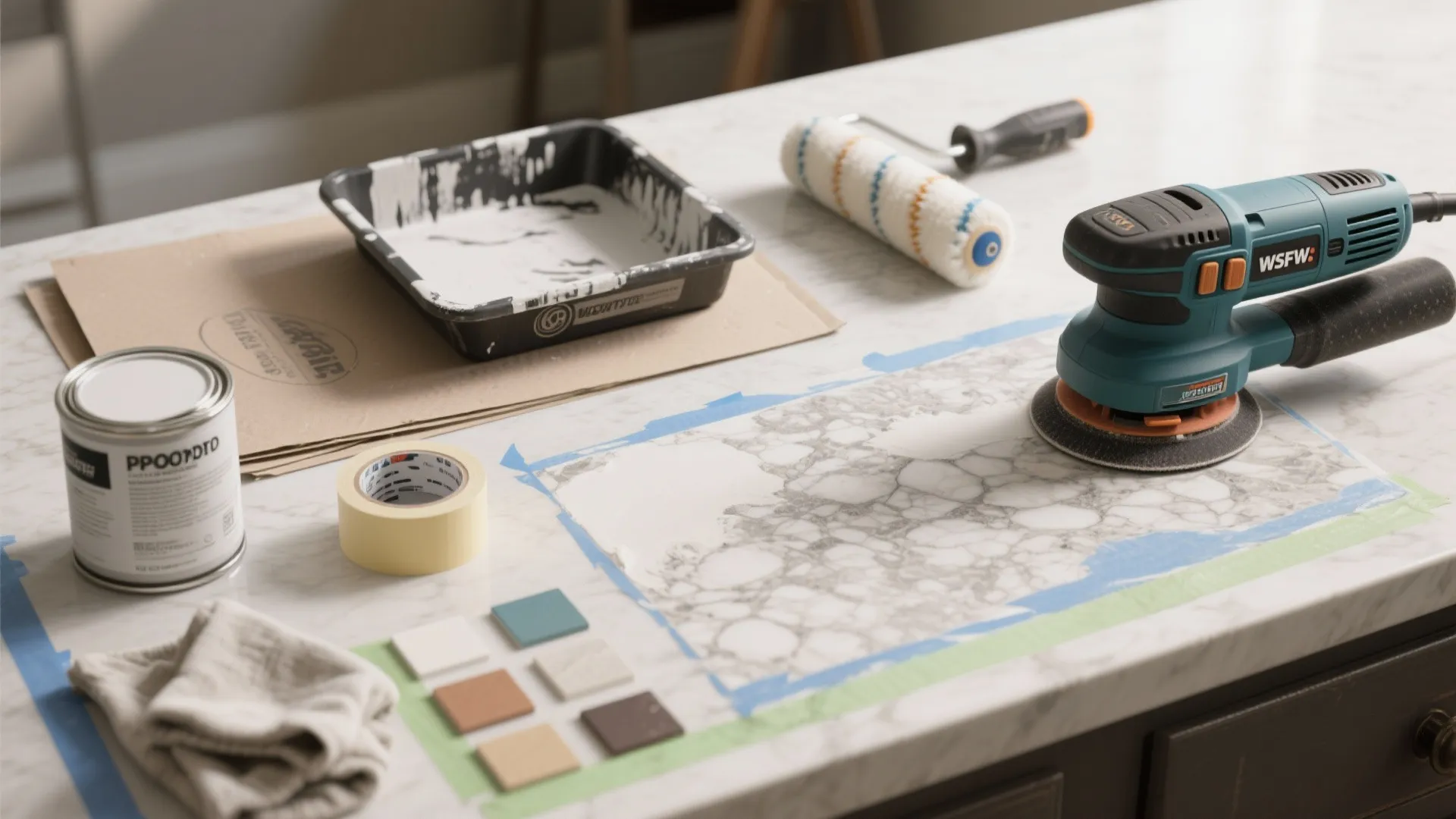 Marble countertop renovation tools with electric sander paint can roller tray tape and color samples
