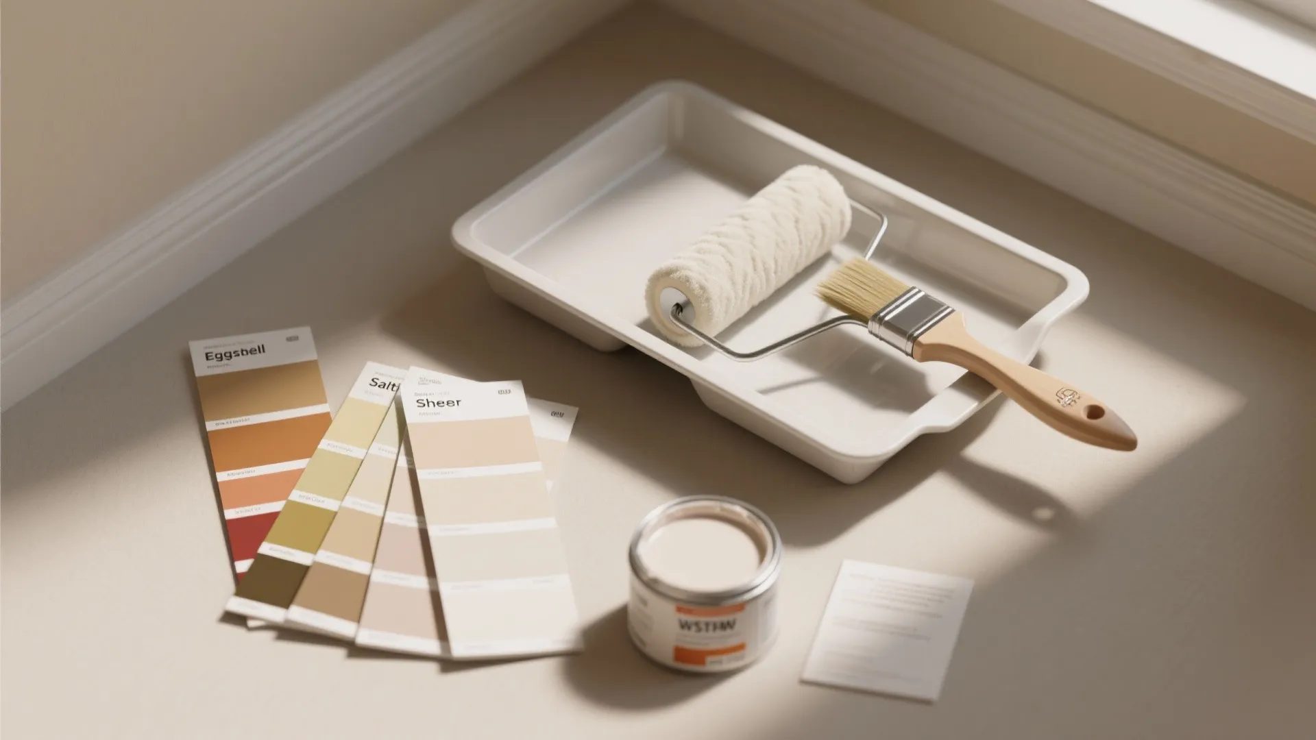 Paint roller in white tray beside color swatches and a small open paint can indoors