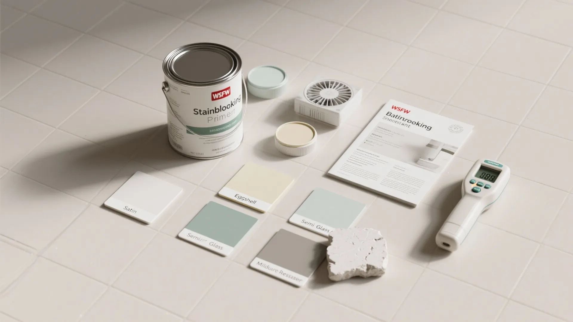 Professional painting tools including paint can color swatches instruction manual and infrared thermometer on white tiles
