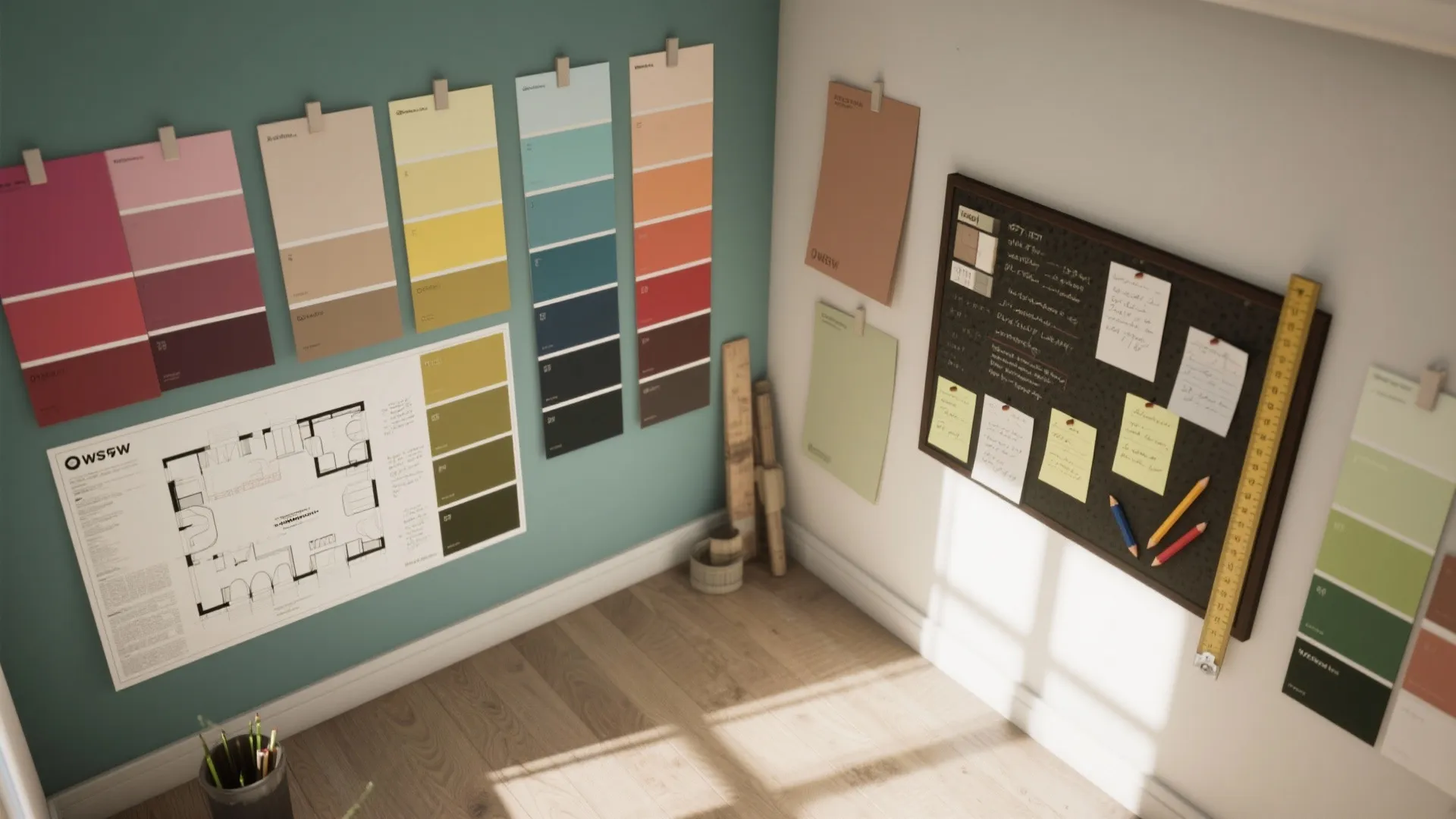 Top-down layout of paint swatches, floor plans, and mood boards illustrating the paint selection process.