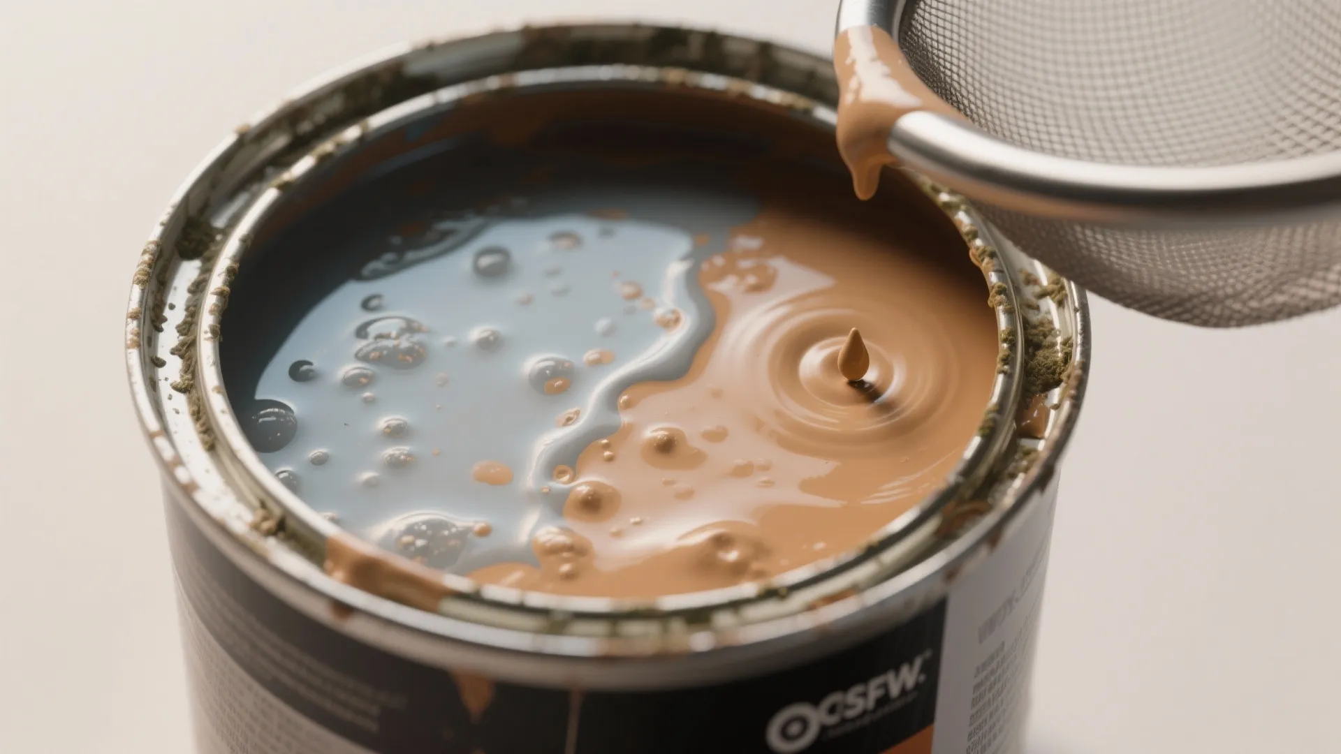 Brown paint dripping into a metal can through a small mesh sieve for wall painting