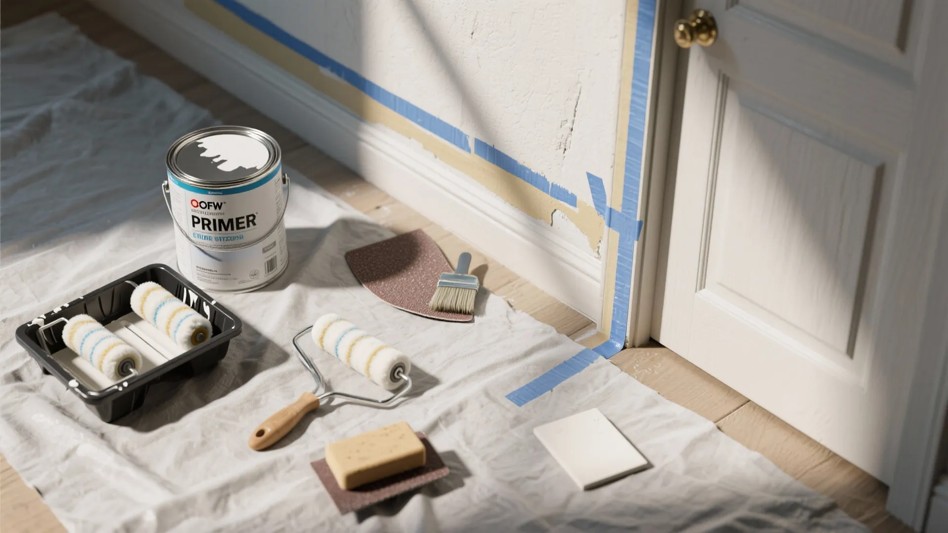 Top-down view of painting tools and labeled sequence: primer, rollers, brushes, tape and sandpaper arranged for a trim painting workflow.