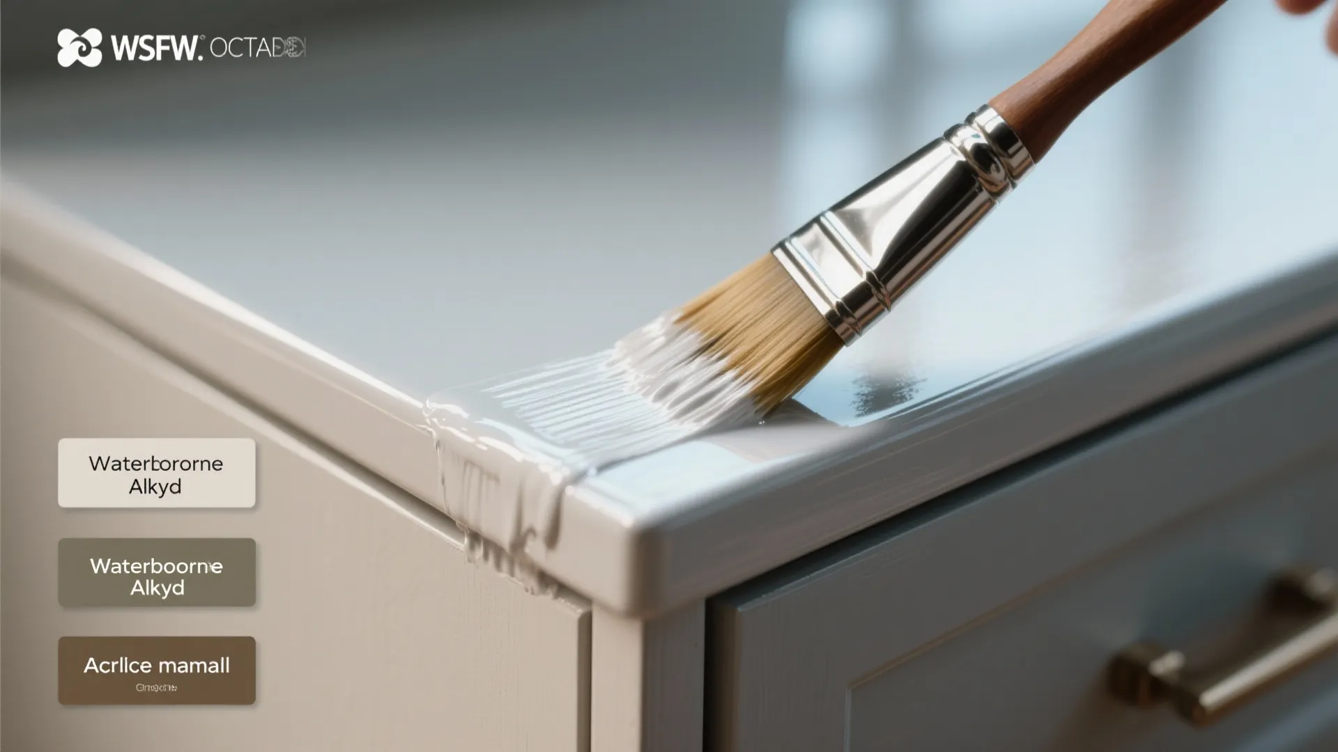 Close up of person using a paint brush to apply white paint onto grey wooden cabinet