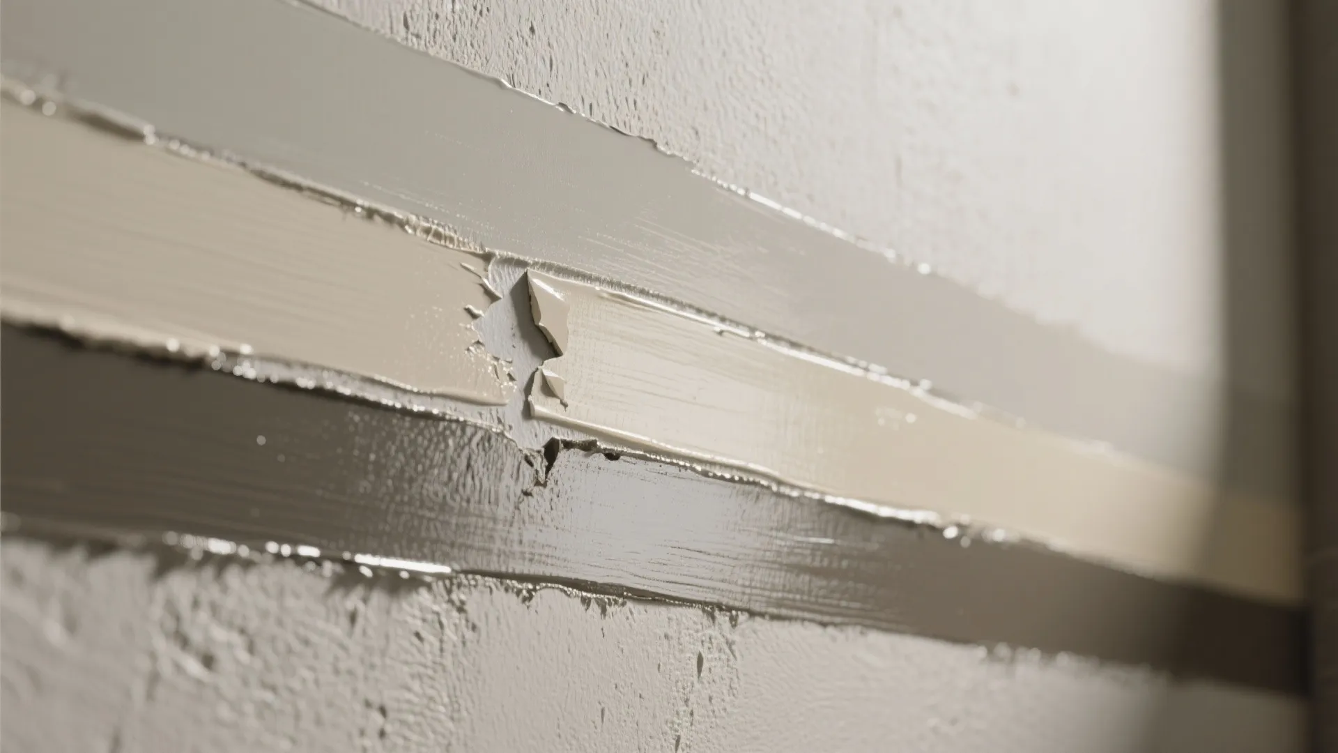 Close up view of different neutral paint colors applied to a wall for testing textures