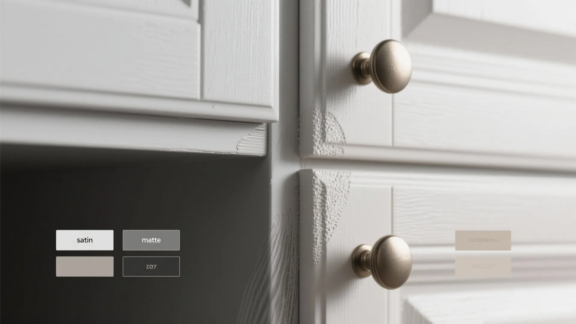 Macro detail of cabinet finishes showing primer, satin and matte sheen comparisons and sanding texture.