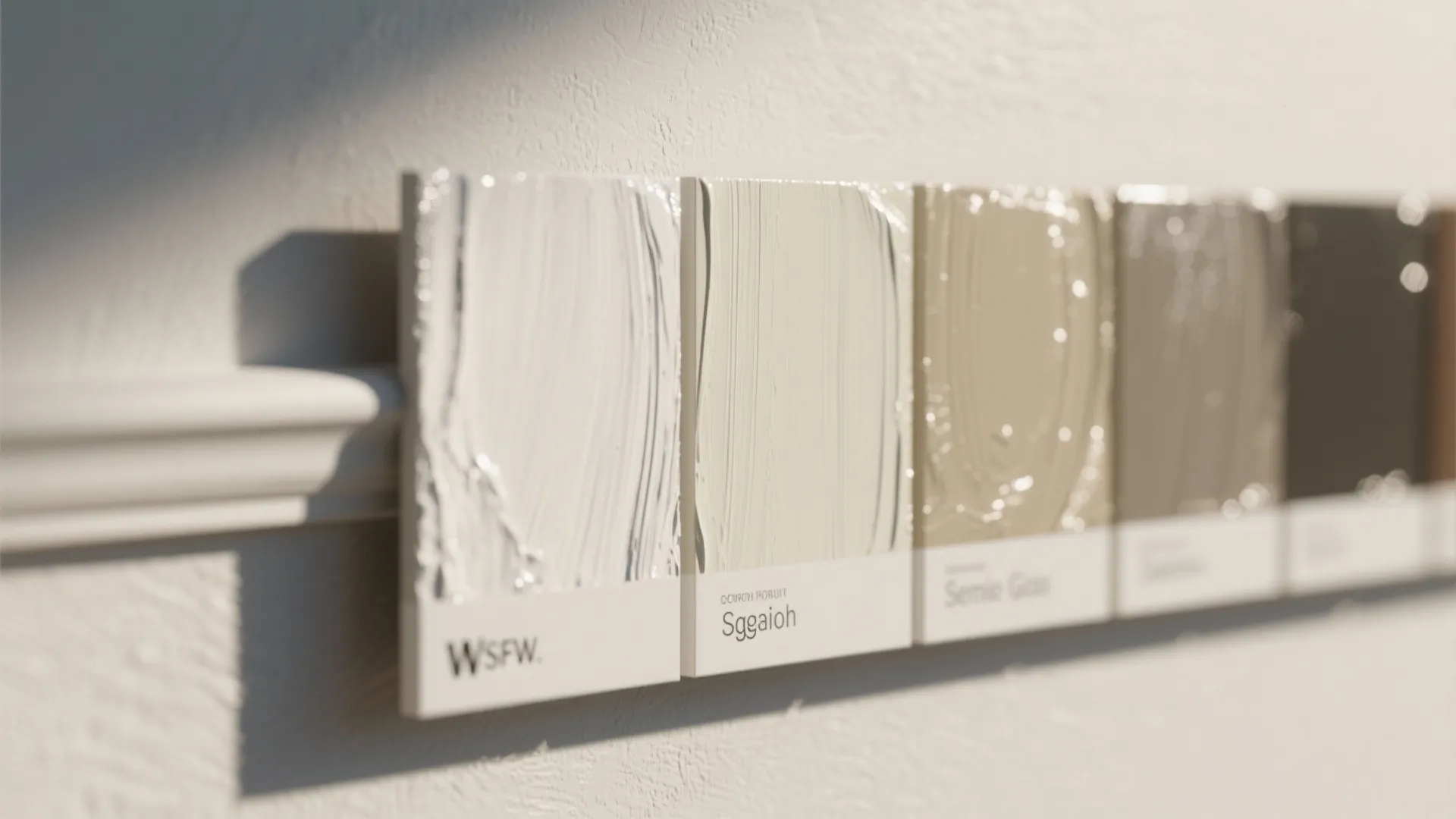 Close-up of neutral paint color samples showing different finishes and textures on a white wall