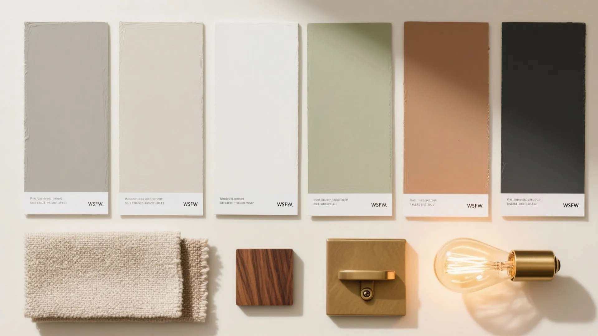 Interior design mood board with paint color samples fabric wood metal and a light bulb accessory