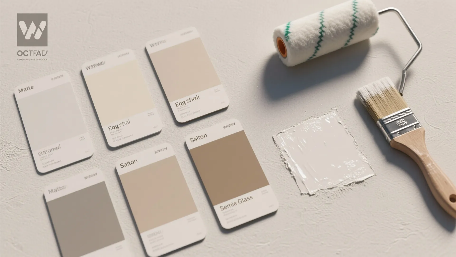 Top-down view of paint finish swatches and sample panels showing matte, eggshell, satin, and semi-gloss differences.