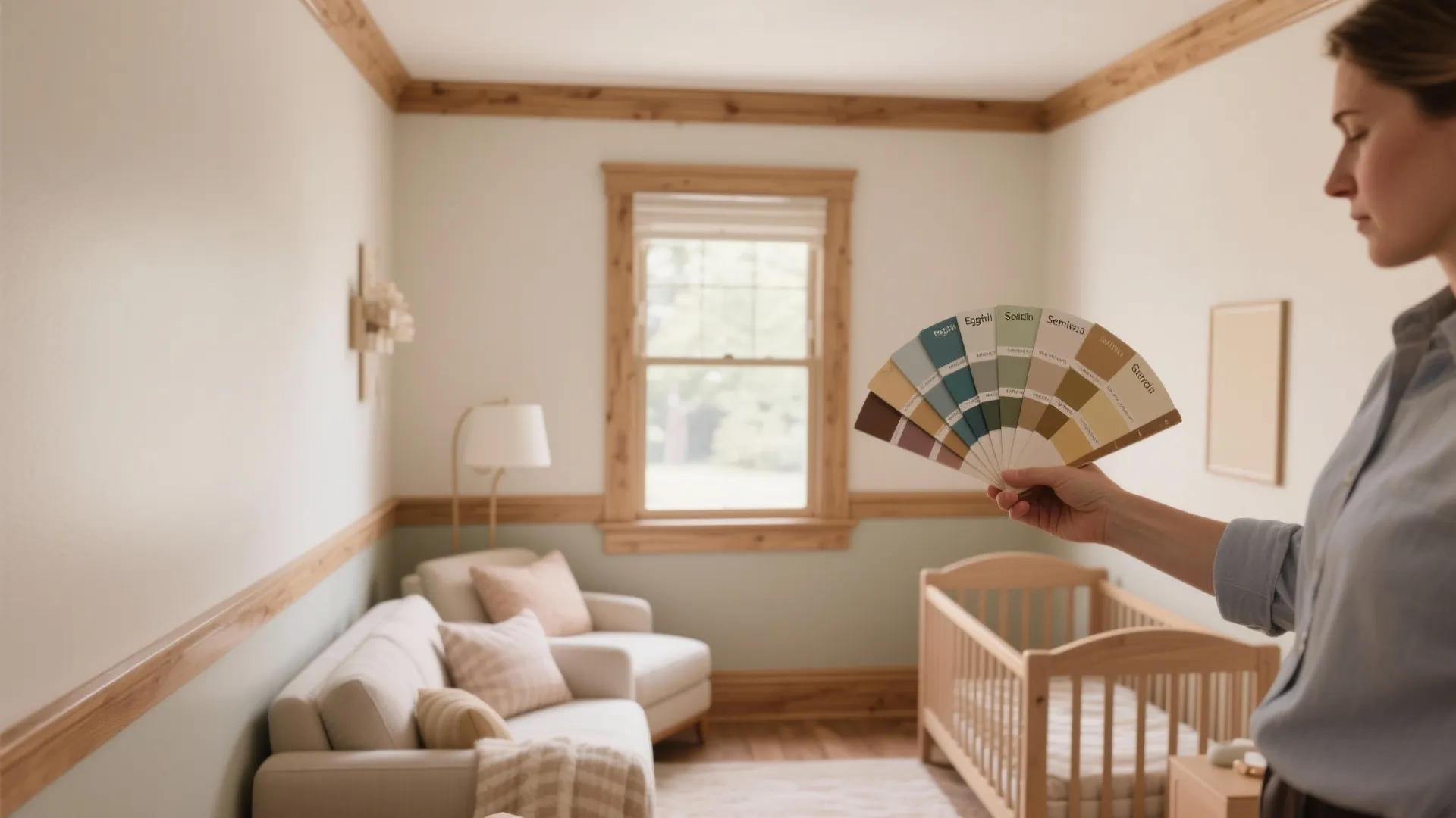 Person holding a fan of paint color swatches in a nursery with a baby crib