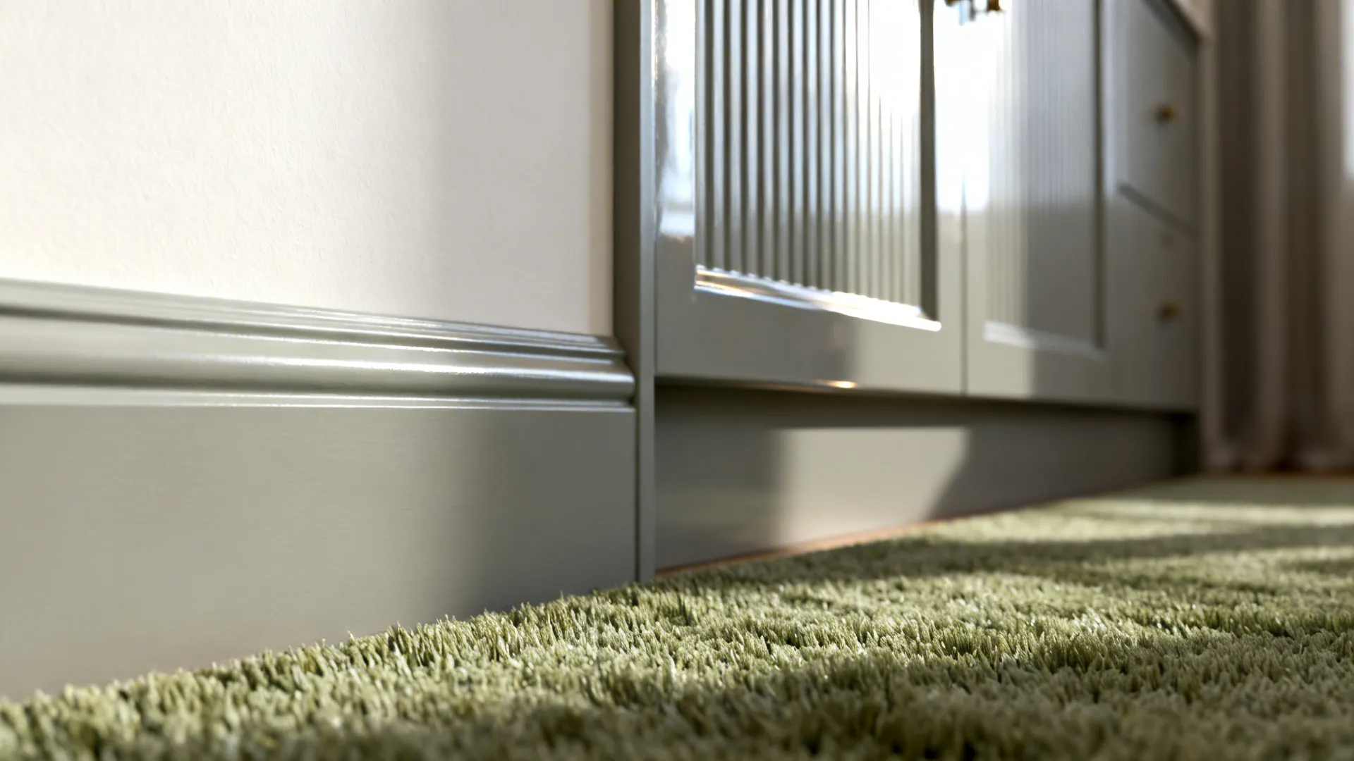 Macro of matte wall, eggshell trim, and glossy cabinet edge catching soft light in a neutral palette.