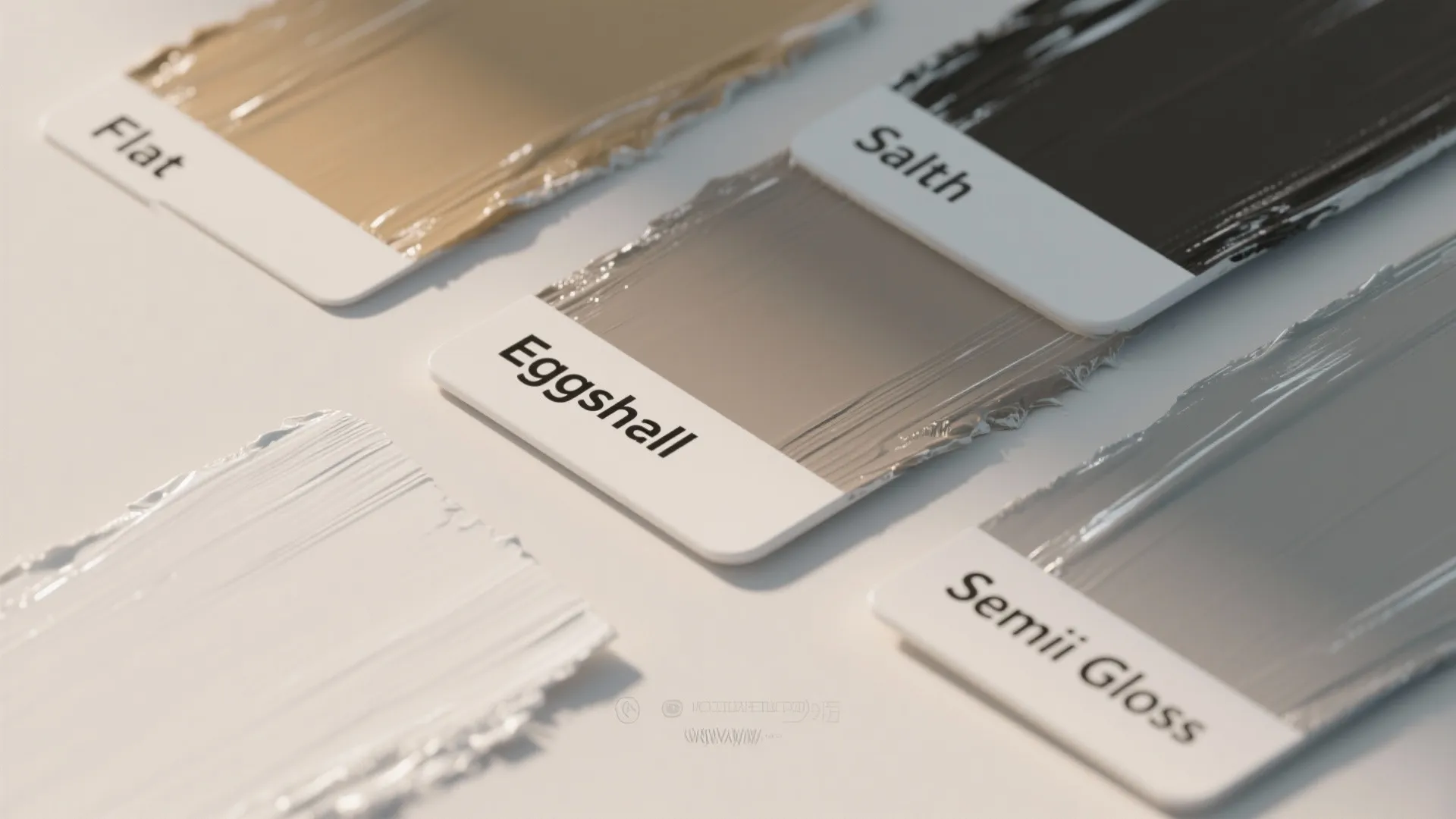 Different paint sheen samples showing flat eggshell and semi gloss finishes on small white cards