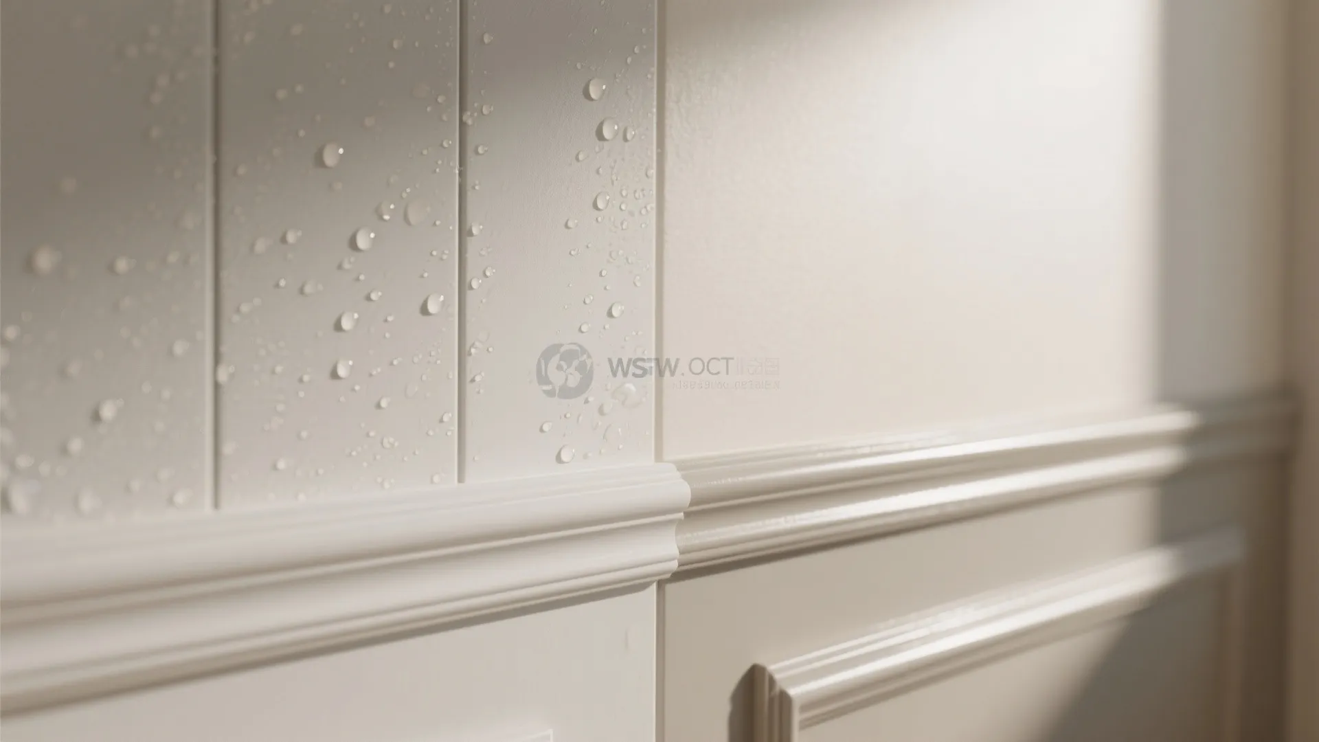 Close up of water droplets on white wall panel and decorative trim in a bright room
