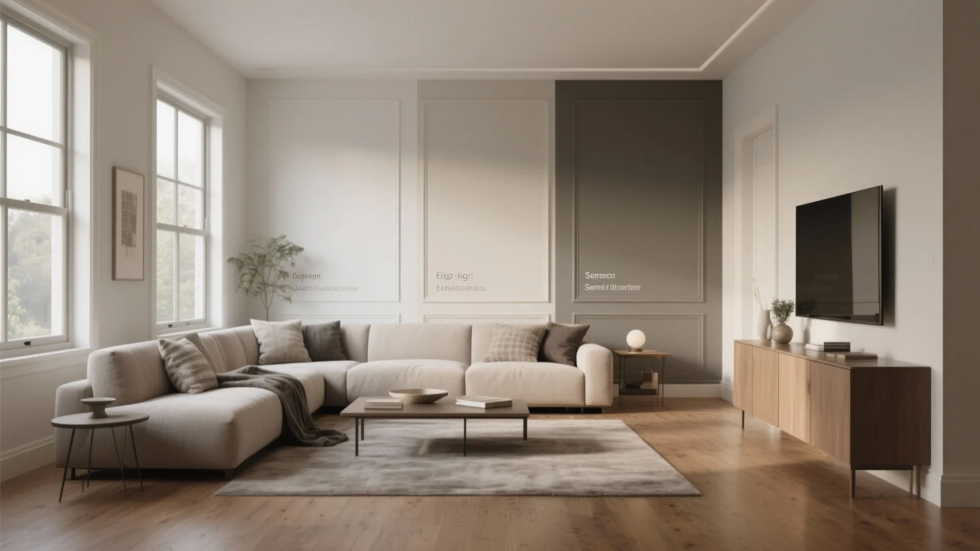 Modern living room with neutral sofa and wall panel showing different grey paint sheen finish options