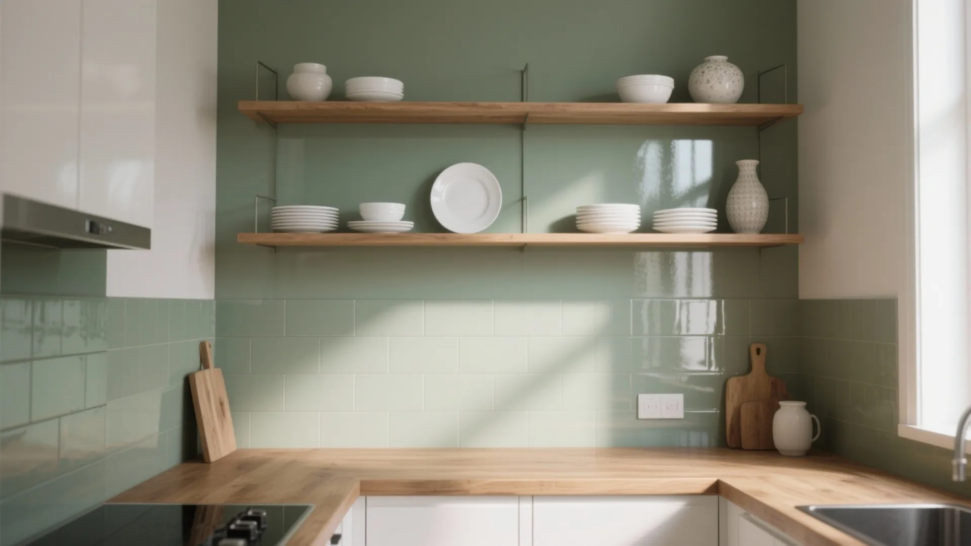 Modern kitchen featuring green wall tiles wooden shelves with white dishes and a wood countertop