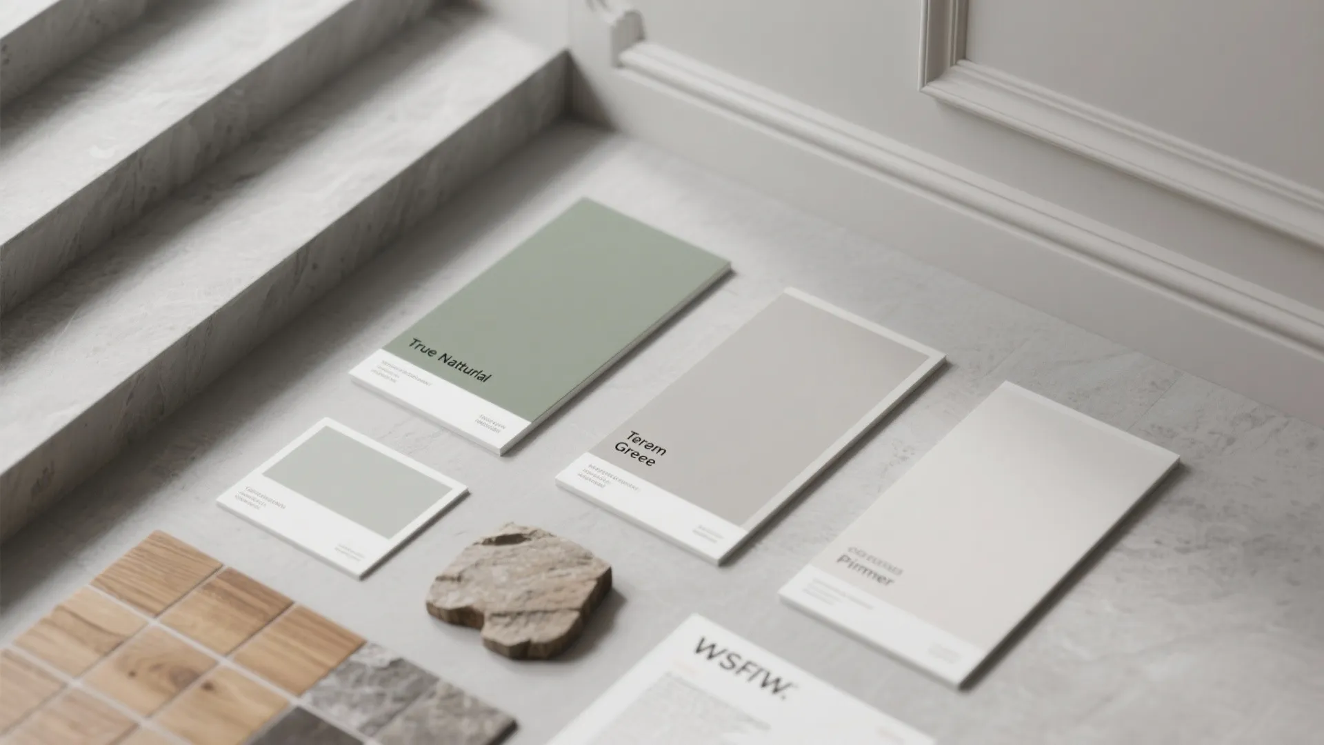 Various interior paint color cards placed on a grey floor beside wood tiles and stone