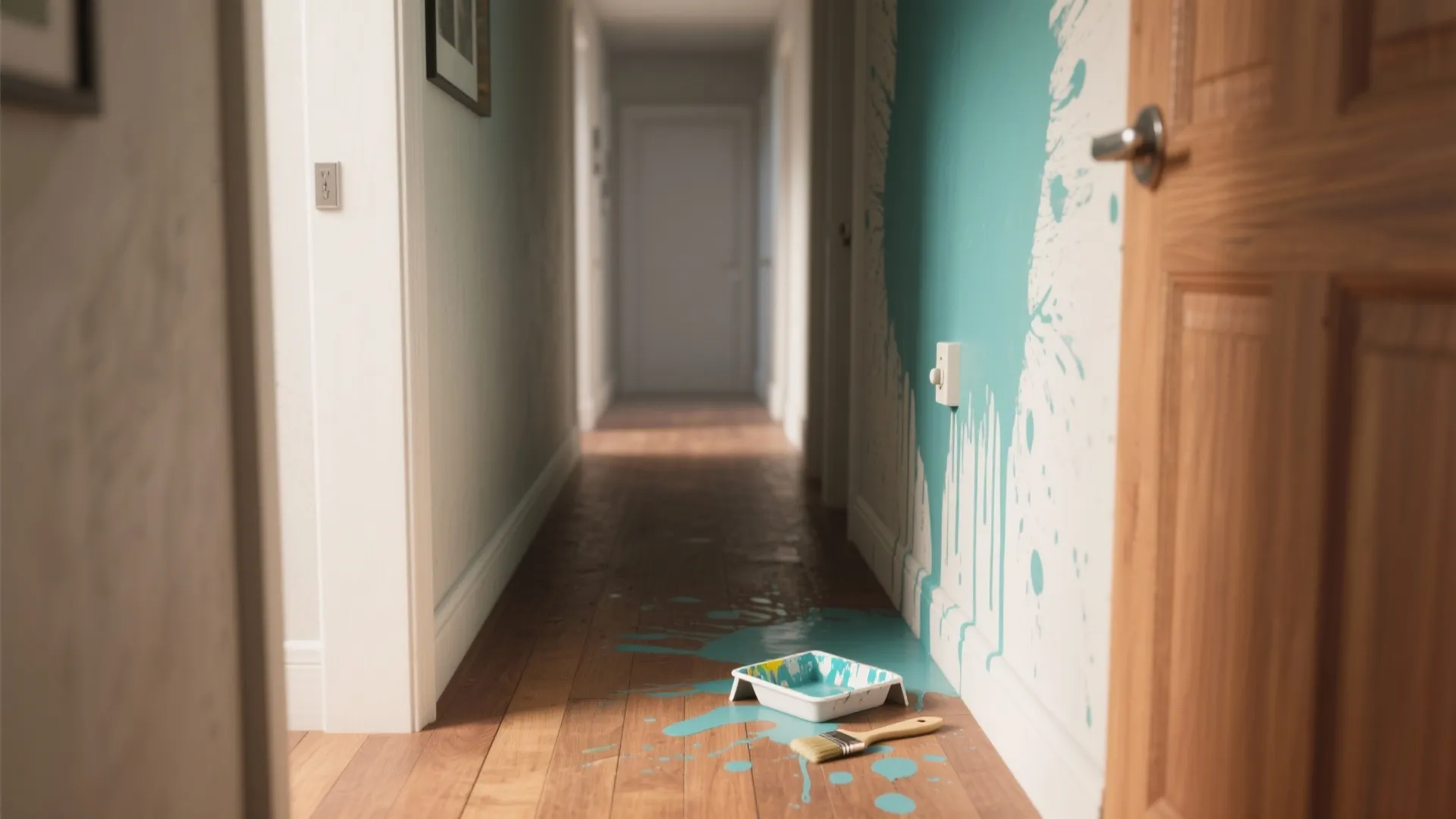 Narrow hallway with wooden floor featuring teal paint splattered on white wall and painting tools