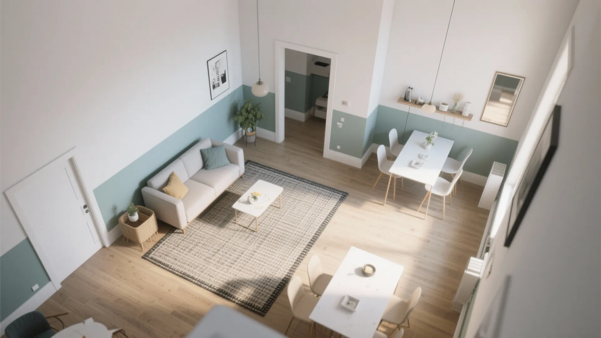 Spacious open living room with two tone walls plus grey sofa and white dining furniture