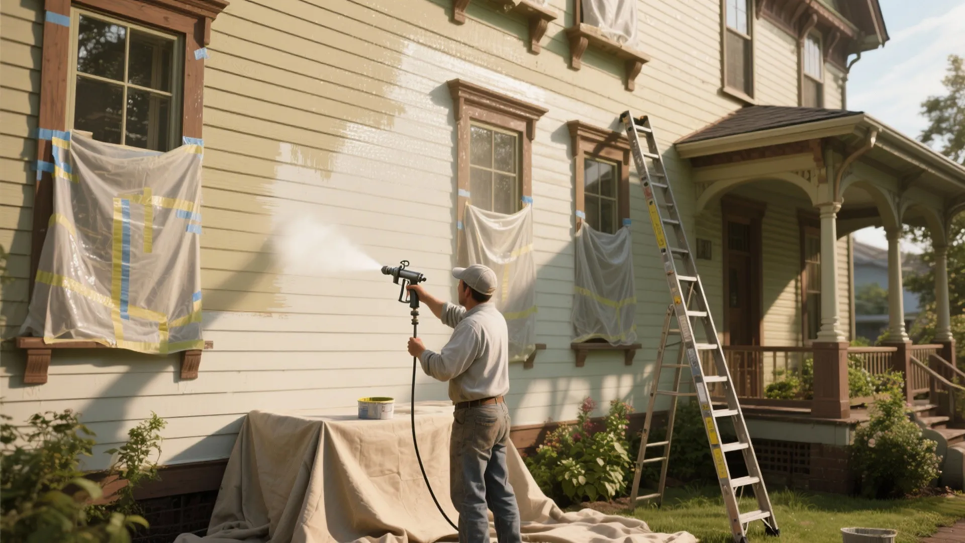 Man using paint sprayer to apply white paint on house siding near ladder and covered windows