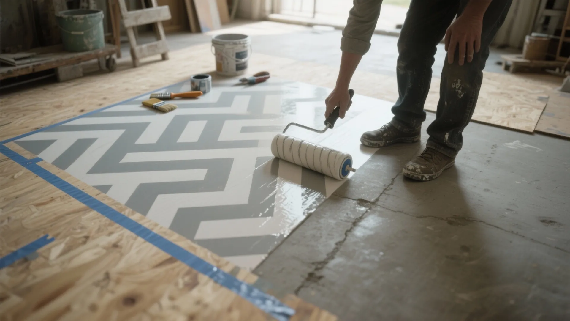 A person uses a paint roller to apply a white pattern on a workshop floor surface