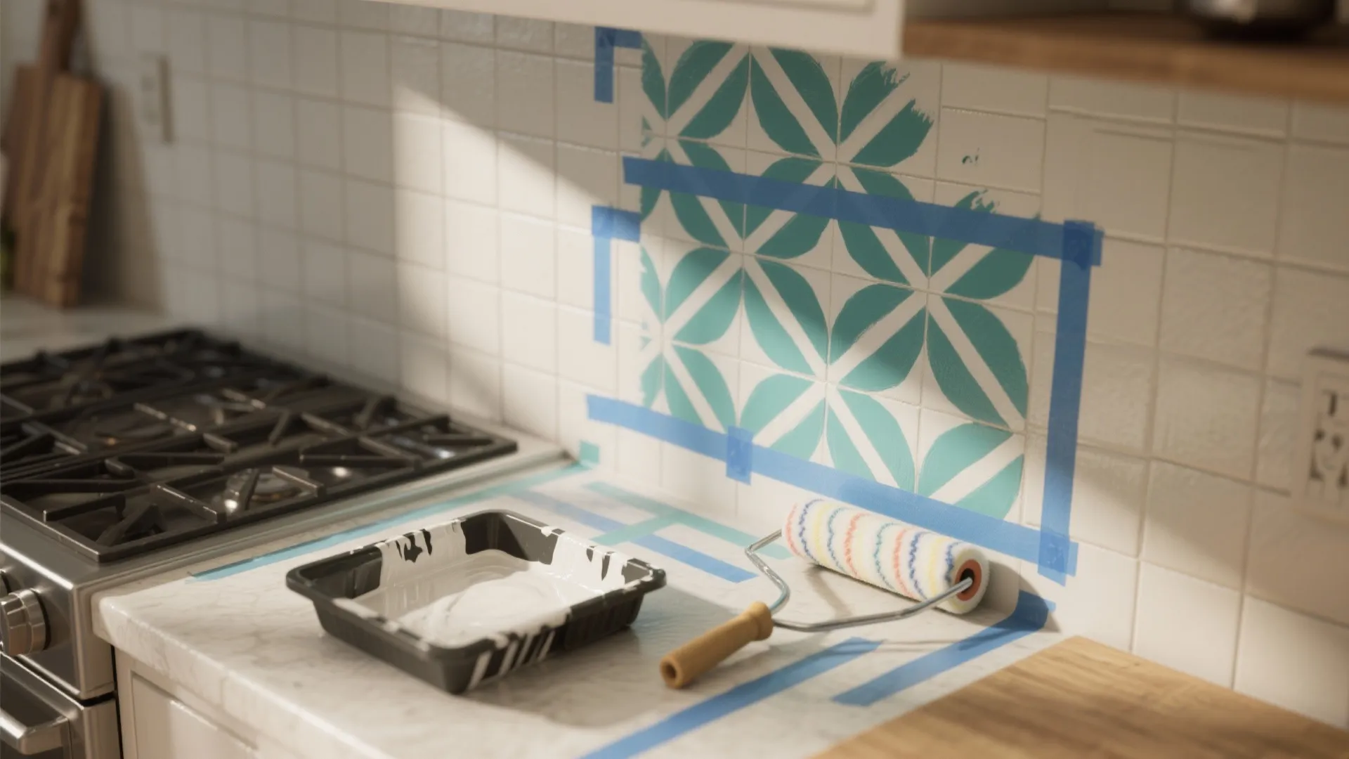 Painting a green pattern on white kitchen wall tiles using blue tape and paint roller