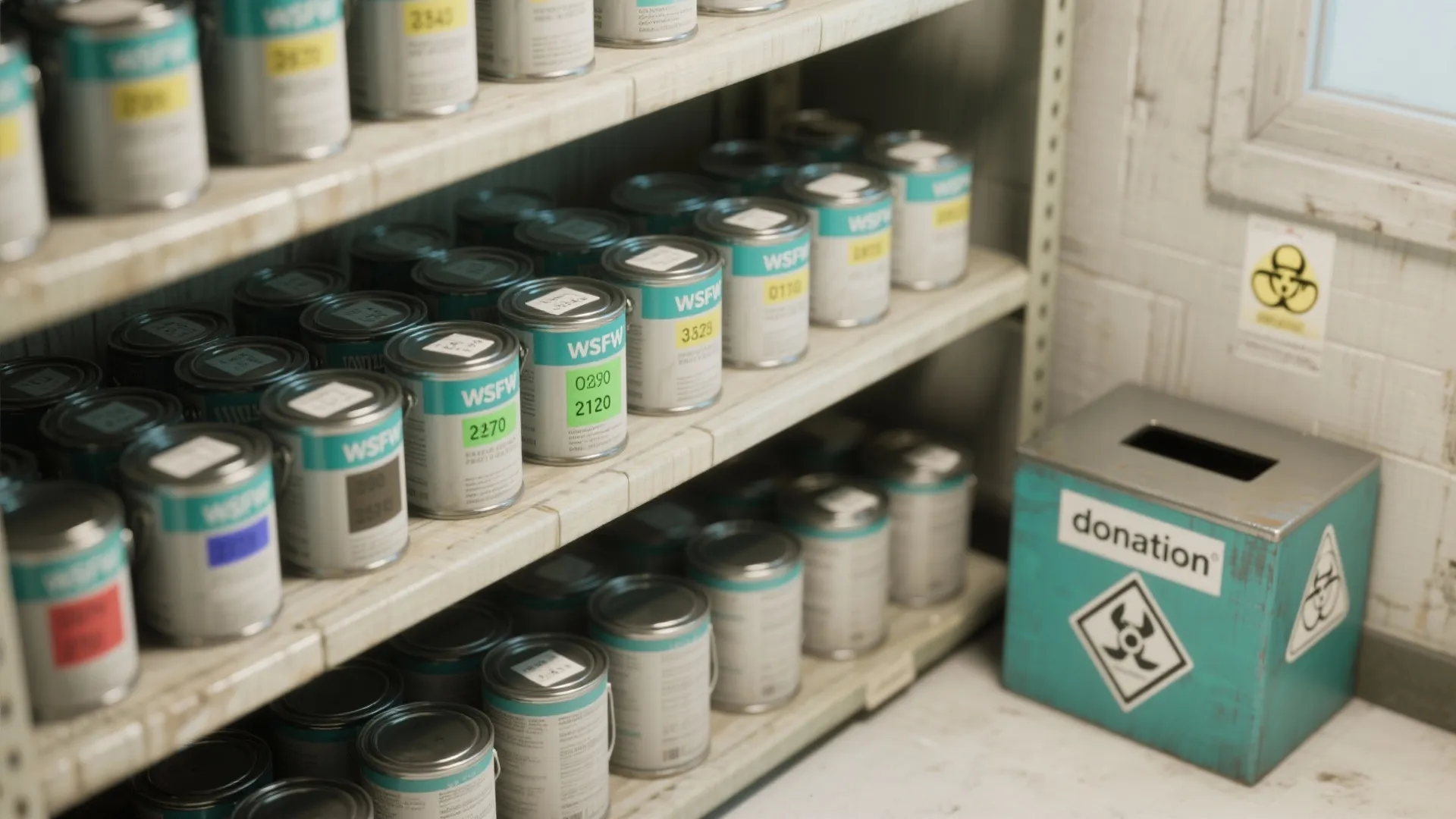 Neatly labeled sealed paint cans on a shelf with a donation box and hazardous-waste sticker nearby.