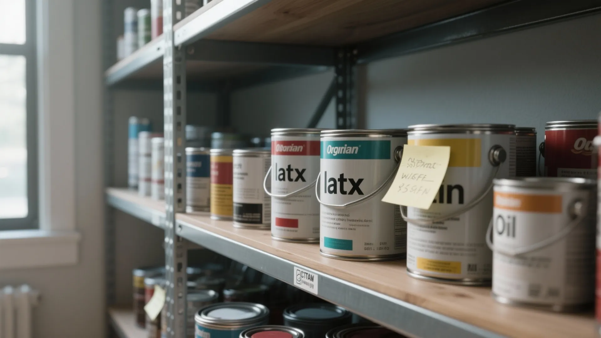 Metal storage shelves holding several labeled paint cans and supplies in a bright organized room