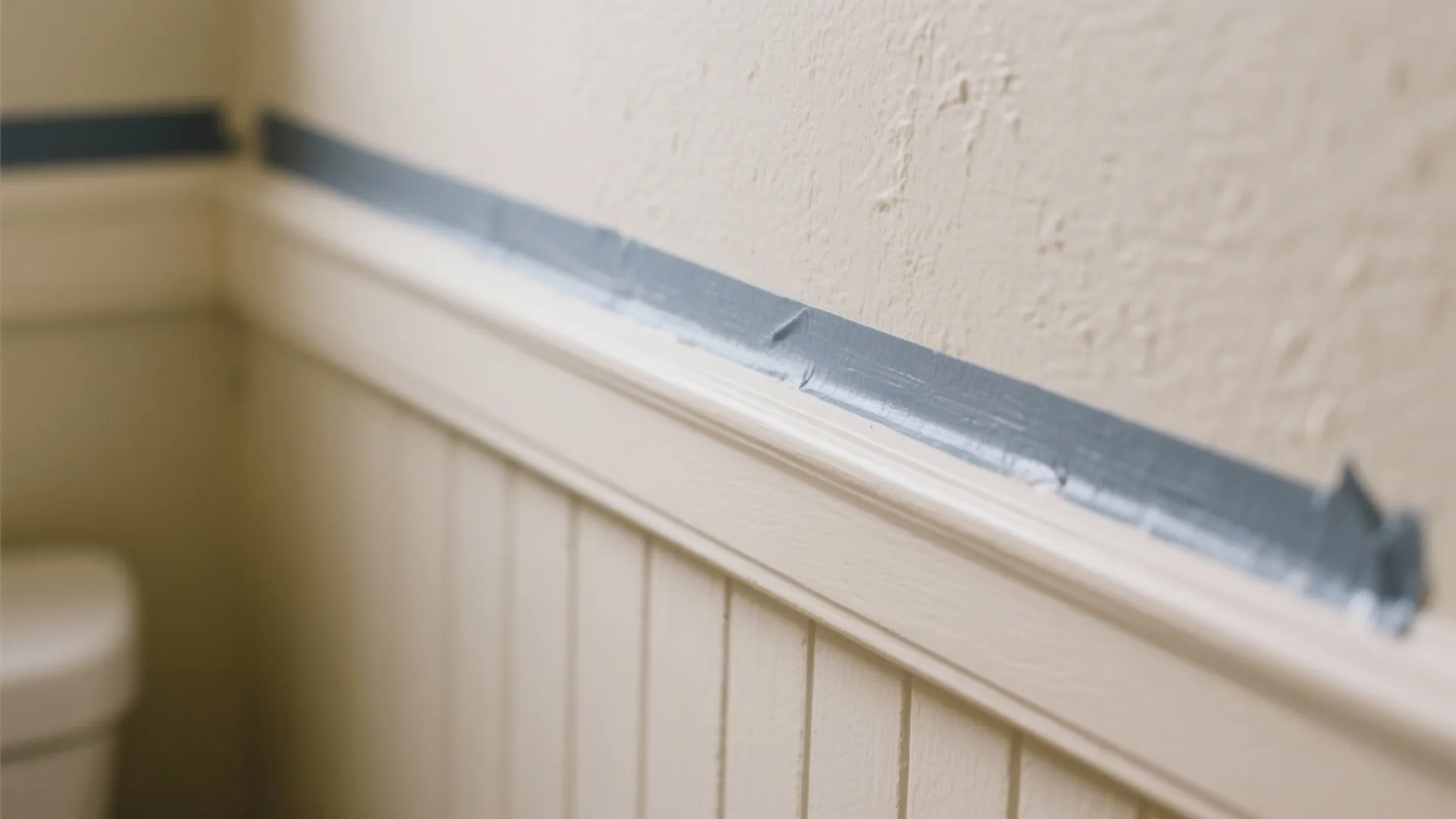 Blue painters tape applied along the top edge of white wall panels for a project