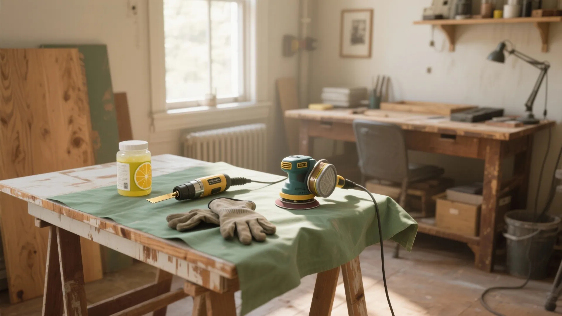 Workshop table with a sander electric tool work gloves and a jar of cleaning gel