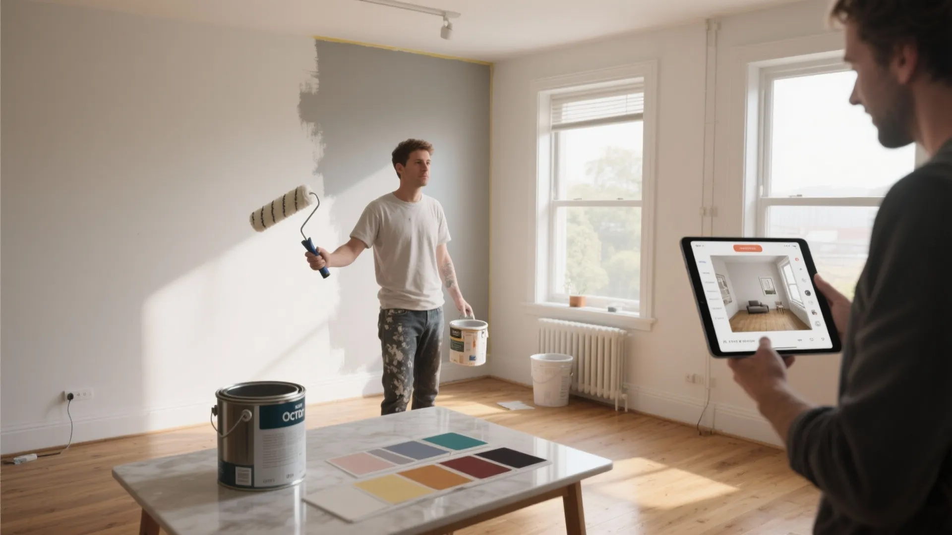 Man painting white wall grey while another person holds tablet showing interior design app interface