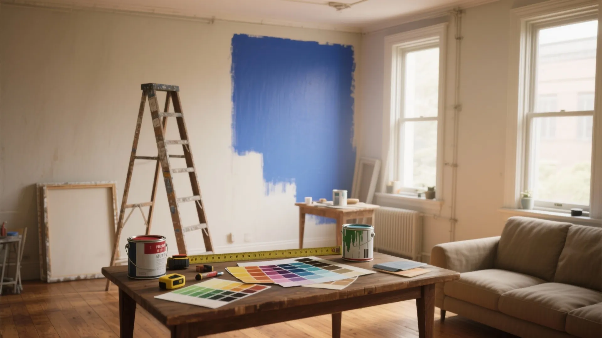 Interior room under renovation with blue paint on wall wooden table color swatches and ladder
