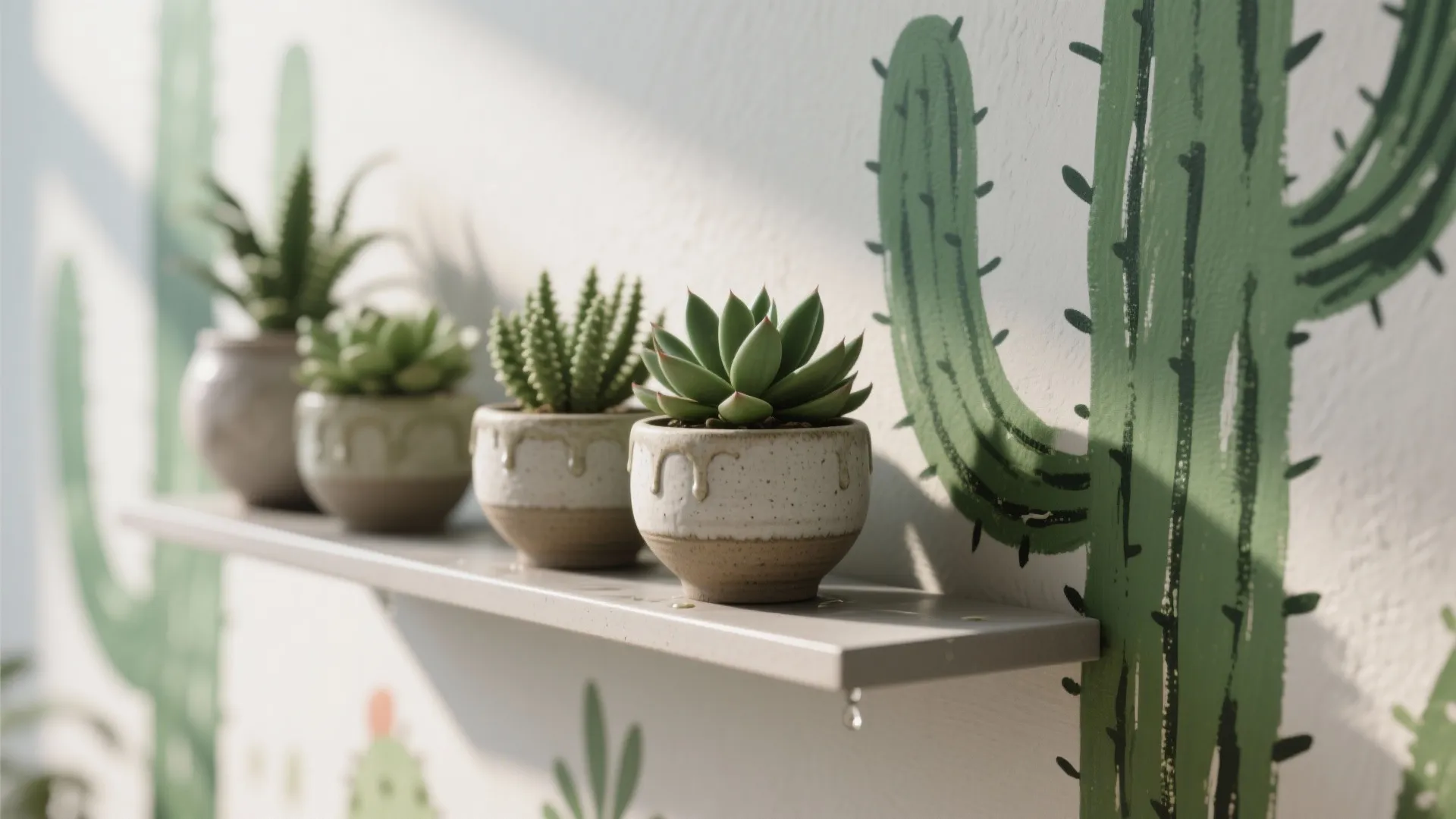 Close-up of a floating shelf with real succulents in front of painted cactus outlines.