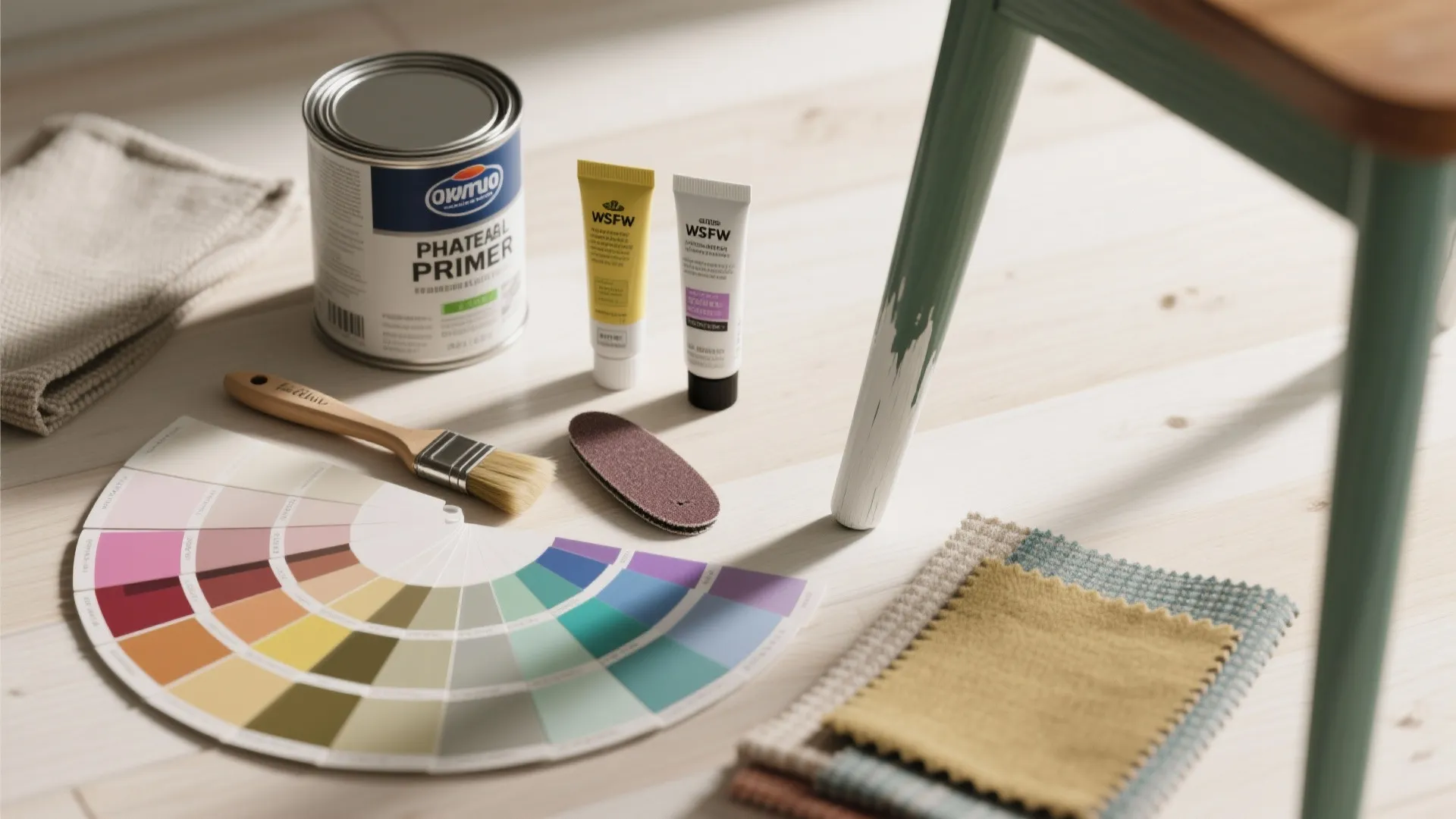 Flatlay of paint swatches, primer, brushes, sandpaper and fabric samples illustrating supplies and tips for painting chairs.