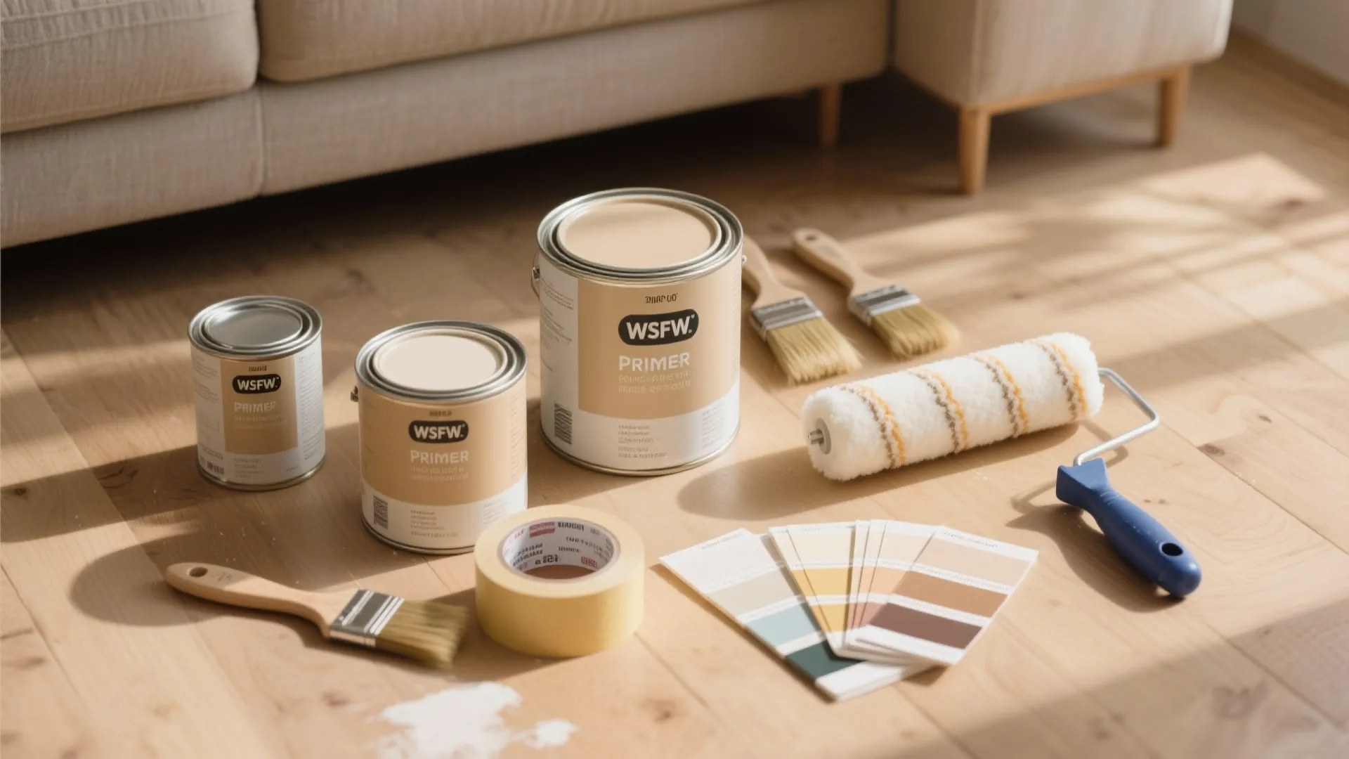Wall painting supplies including primer cans and color samples on wooden floor near a sofa