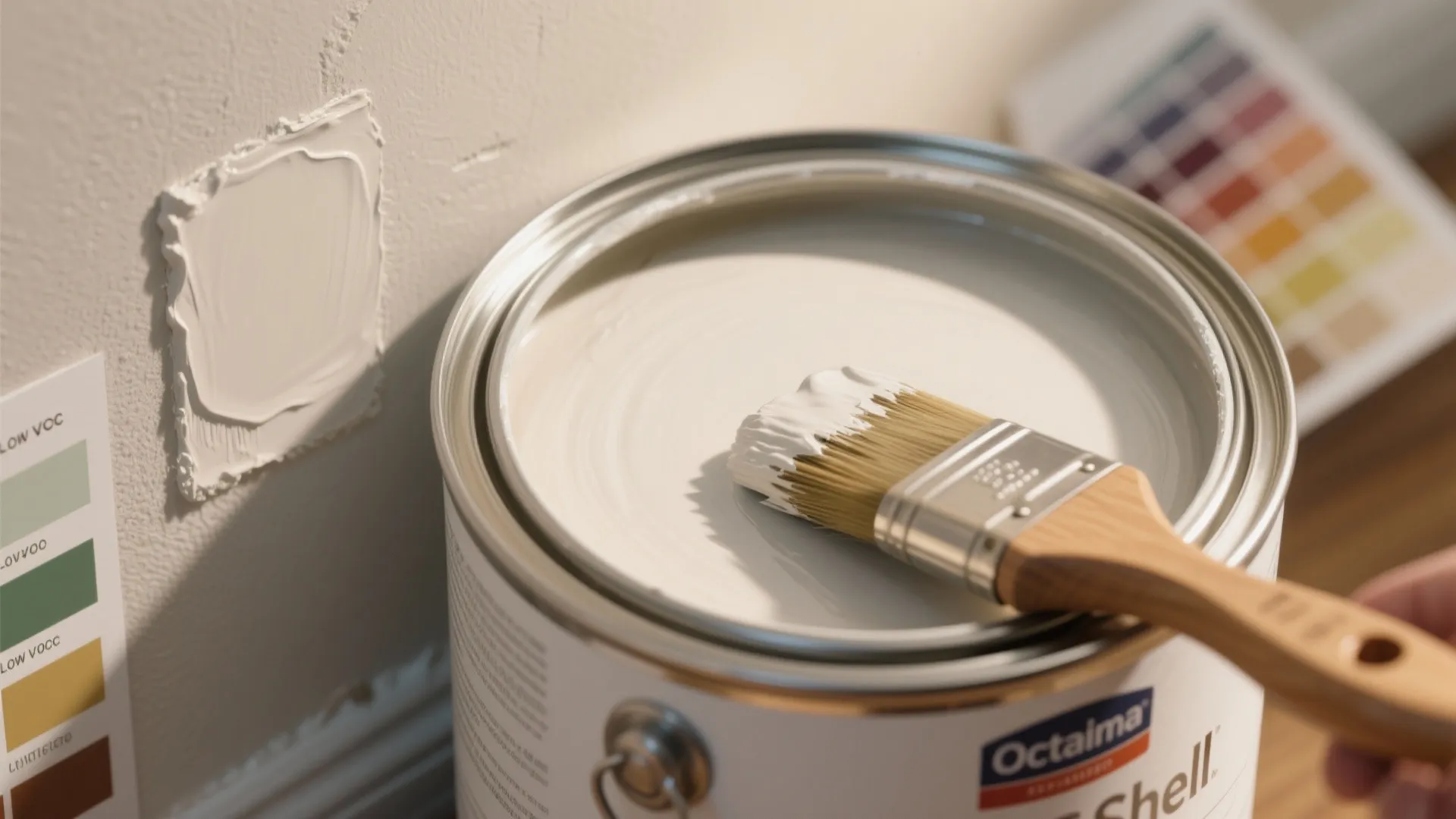 White paint can with brush and color swatches showing a wall sample in a room