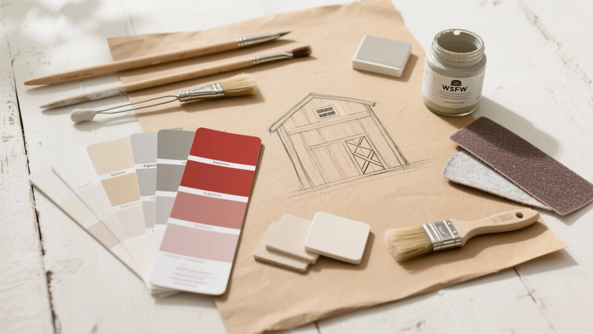 Interior design planning with house sketch color swatches paint brushes and small tiles on paper