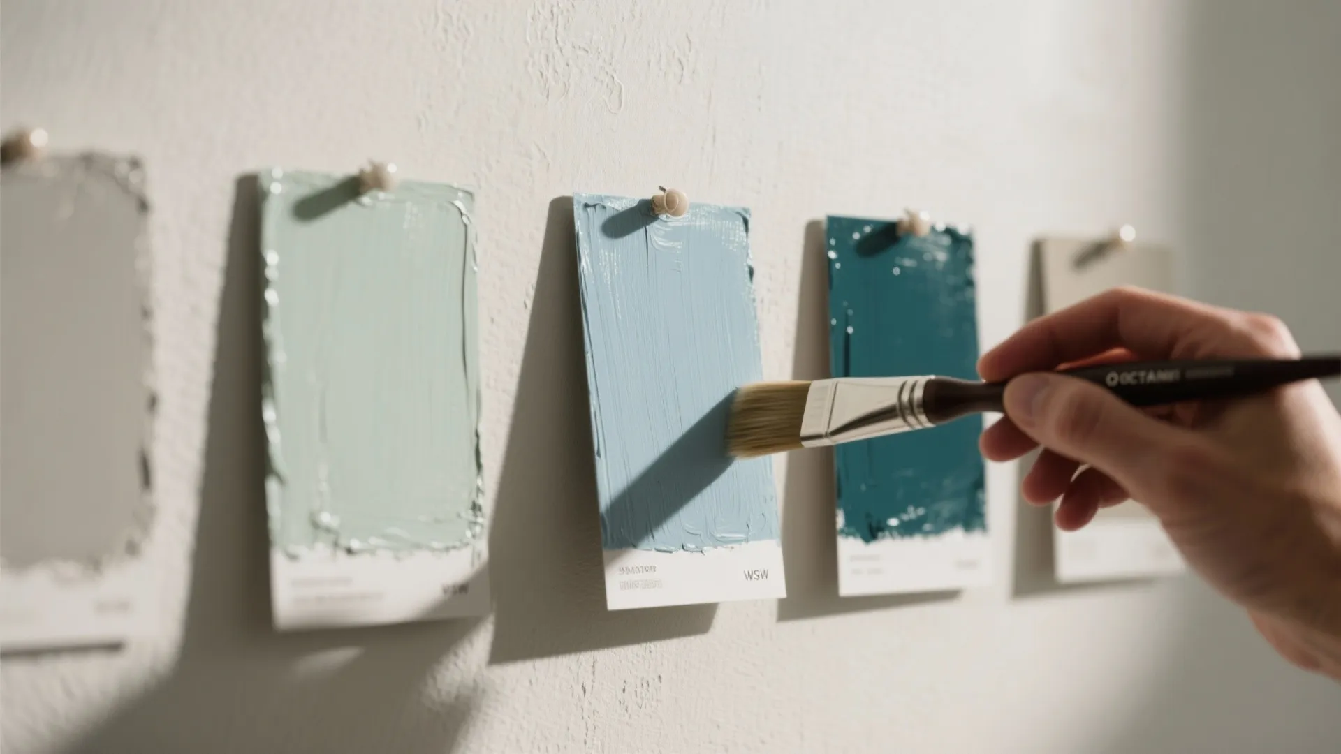 Macro close-up of paint swatches in greige, sage, muted blue and deep teal showing finishes and textures.