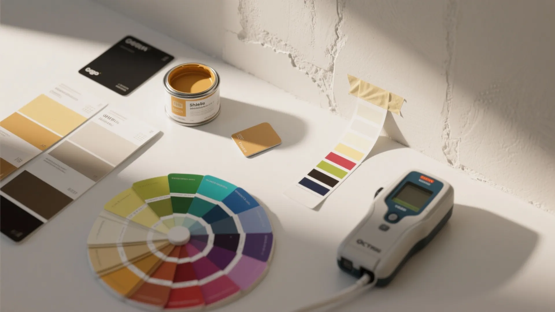 Color wheel, paint swatches, small yellow paint can, and digital color sensor on white tabletop