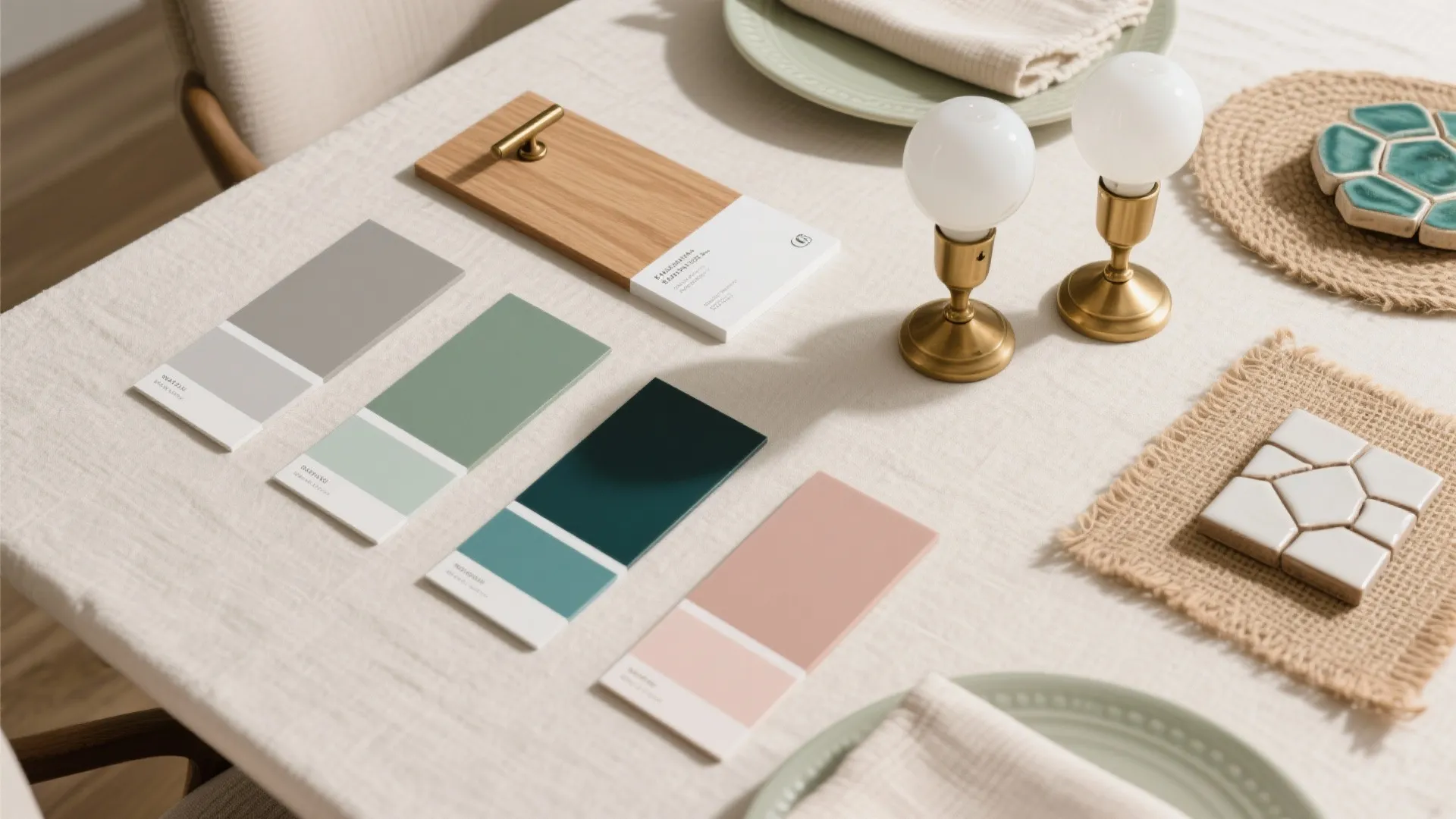 Collection of colorful paint swatches on a table with light fixtures and ceramic home decor