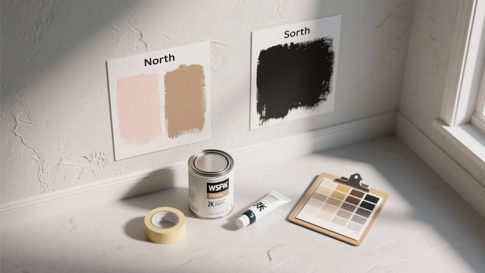 Interior wall paint swatches in pink and brown with a paint can and color palette